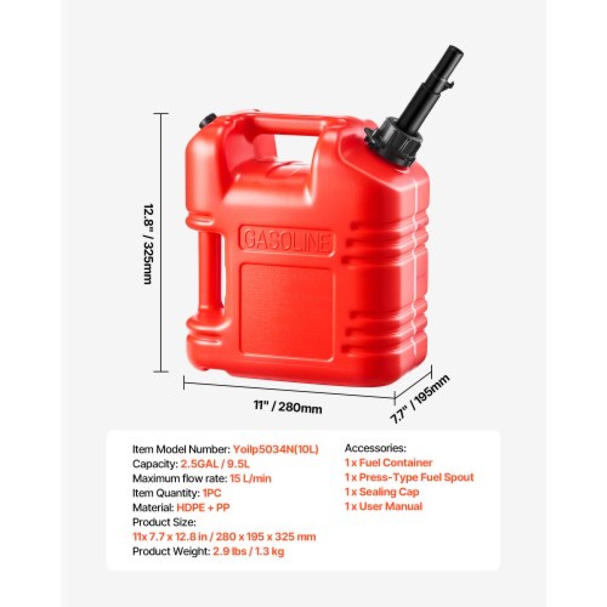 Δοχείο καυσίμου VEVOR, 9,5 L, Δεξαμενή αερίου με στόμιο & καθαρή κλίμακα, μέγιστος ρυθμός ροής 15 λίτρων/λεπτό, ασφαλές και στεγανό, φορητό επίπεδο δοχείο υγρού για τα περισσότερα αυτοκίνητα UTV μοτοσικλέτας, κόκκινο, 1 πακέτο