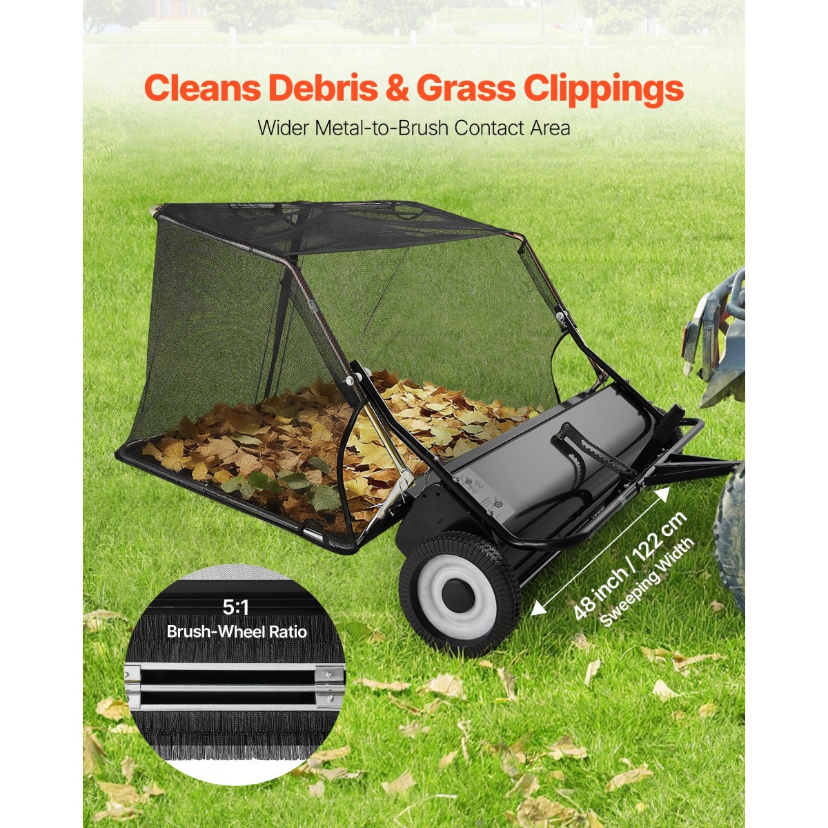 Sweeper VEVOR Tow Behind Lawn Sweeper, 122cm Pull Behind Yard Sweeper, 26 cu.ft Hopper Bag Capacity, Συλλέκτης φύλλων και γρασιδιού με σχοινί απόρριψης, ρυθμιζόμενο ύψος σάρωσης, σάρωθρες κήπου για αγρόκτημα γκαζόν