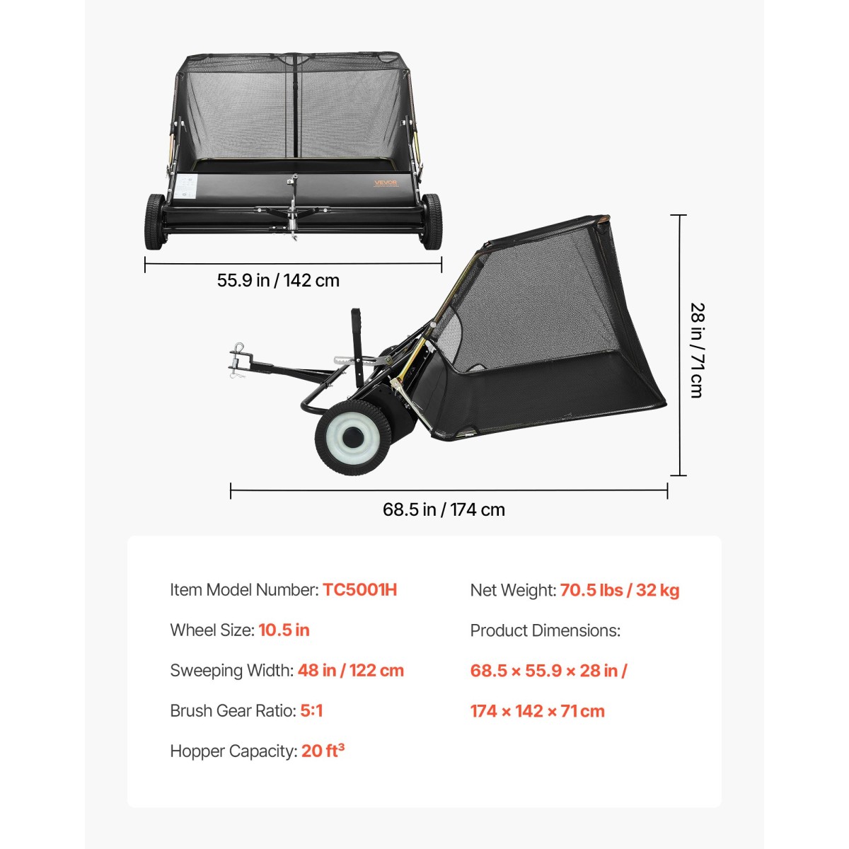 Sweeper VEVOR Tow Behind Lawn Sweeper, 122cm Pull Behind Yard Sweeper, 26 cu.ft Hopper Bag Capacity, Συλλέκτης φύλλων και γρασιδιού με σχοινί απόρριψης, ρυθμιζόμενο ύψος σάρωσης, σάρωθρες κήπου για αγρόκτημα γκαζόν