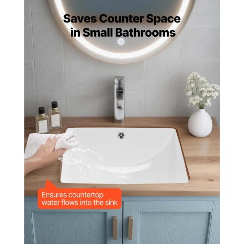 VEVOR Undermount Bathroom Sink, 460 x 330 mm Rectangular White Ceramic Vessel Sink with Overflow Hole, Under Counter Drop in Modern Lavatory Vanity Bath Wash Bowl Basin, Rectangle for Small Space