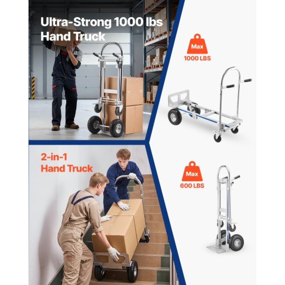 VEVOR 2 in 1 Hand Truck, 453.6 kg Load Capacity for 4-Wheel Mode, Convertible Hand Truck Dolly with Non-Slip Handle & Wheels, Portable Trolley Dolly for Moving Home, Office, Warehouse, Supermarket