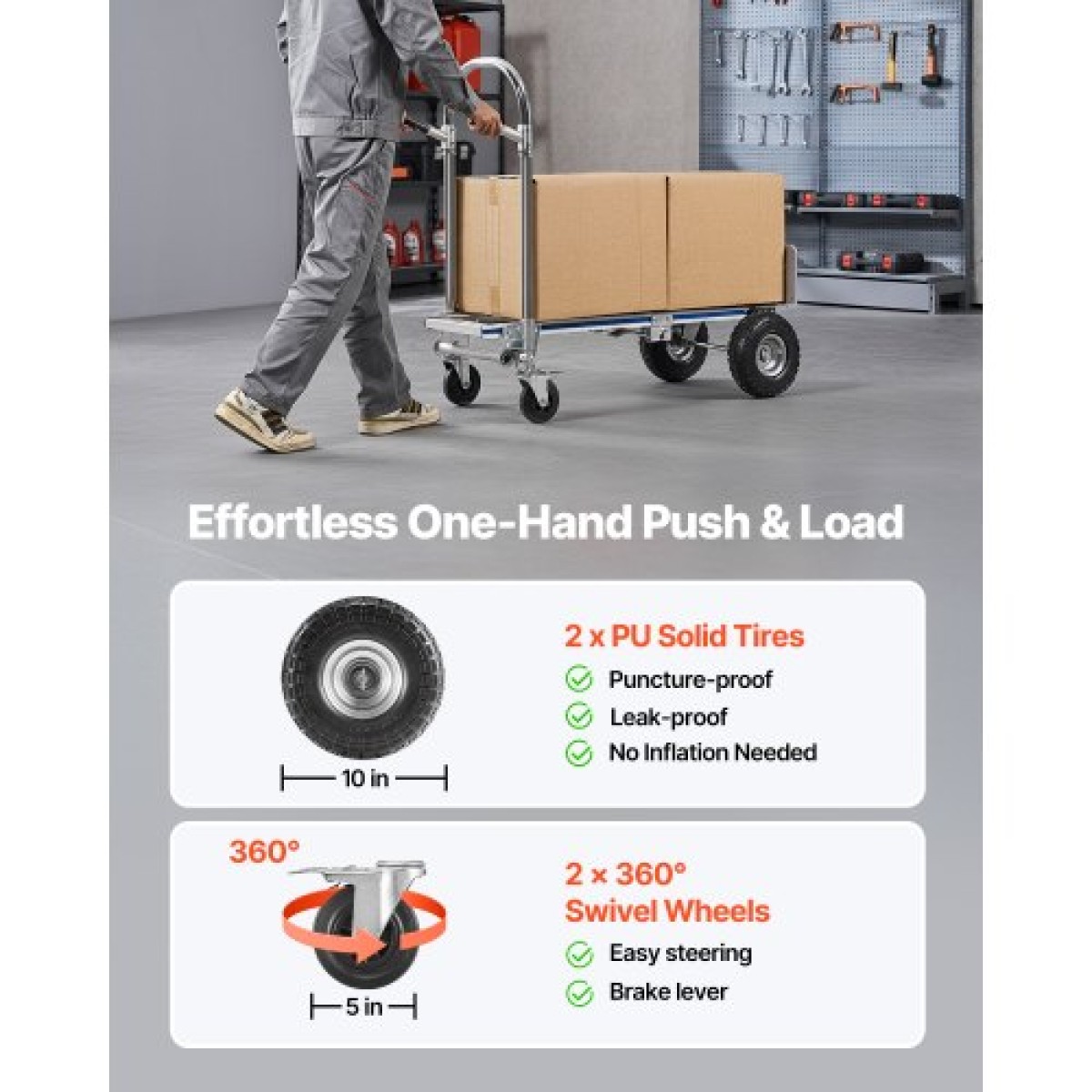 VEVOR 2 in 1 Hand Truck, 453,6 kg Χωρητικότητα φόρτωσης για λειτουργία 4 τροχών, Convertible Hand Truck Dolly με αντιολισθητική λαβή & ρόδες, φορητό τρόλεϊ για μετακόμιση σπιτιού, γραφείου, αποθήκης, σούπερ μάρκετ