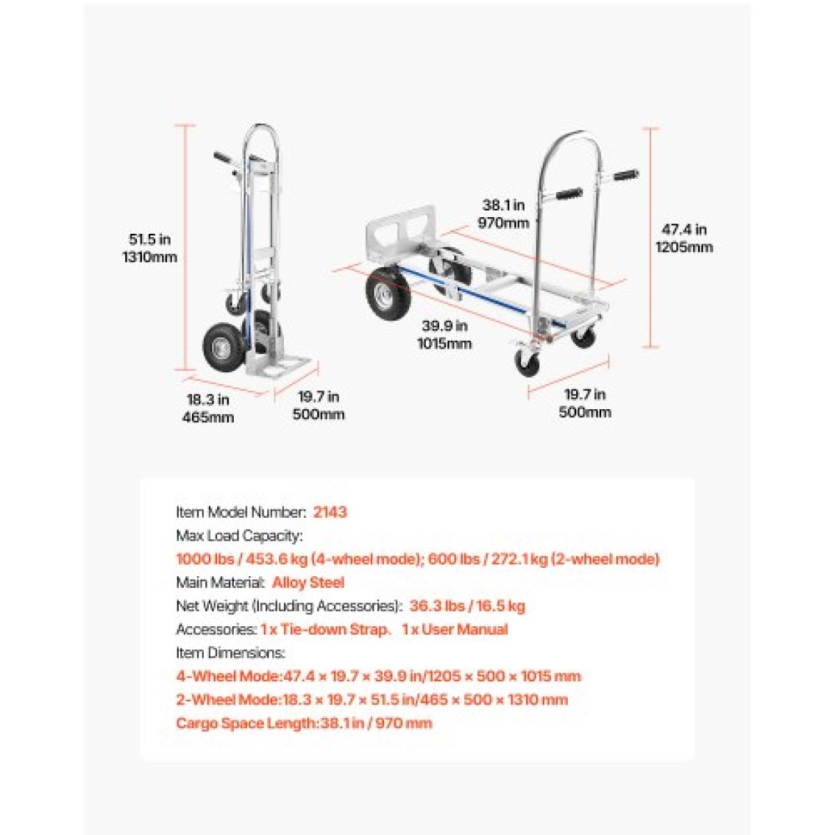 VEVOR 2 in 1 Hand Truck, 453,6 kg Χωρητικότητα φόρτωσης για λειτουργία 4 τροχών, Convertible Hand Truck Dolly με αντιολισθητική λαβή & ρόδες, φορητό τρόλεϊ για μετακόμιση σπιτιού, γραφείου, αποθήκης, σούπερ μάρκετ