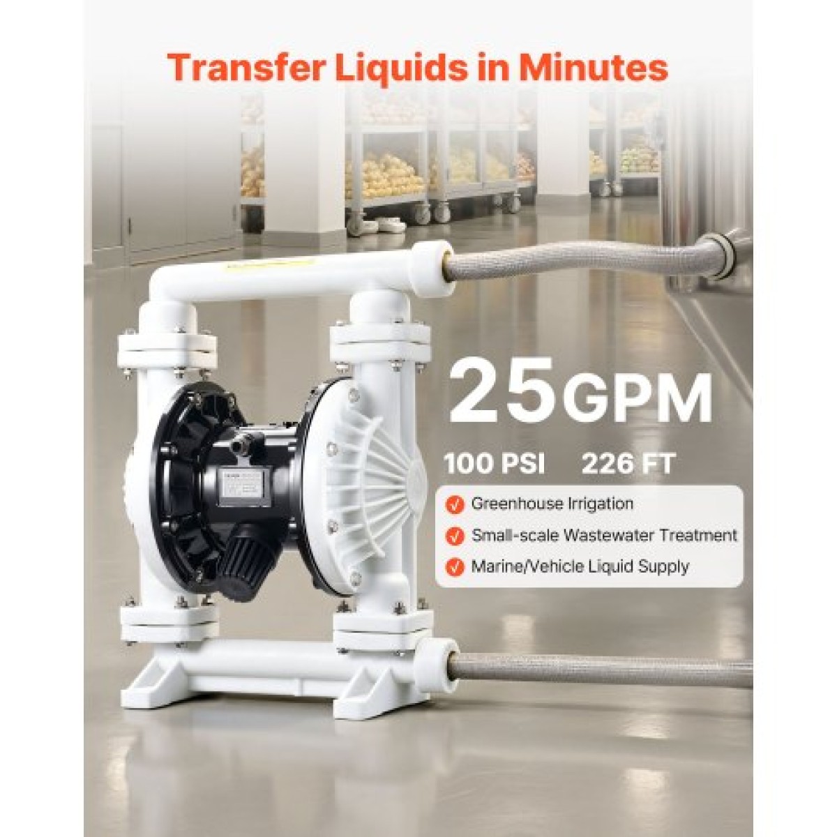 VEVOR Air Operated Double Diaphragm Pump, 95 L/min Max, Standard Int & Out Out Air Pneumatic Waste Oil Transfer Pump, Σώμα πολυπροπυλενίου, Διπλά διαφράγματα, για πετρέλαιο, γράσο, κηροζίνη, βενζίνη