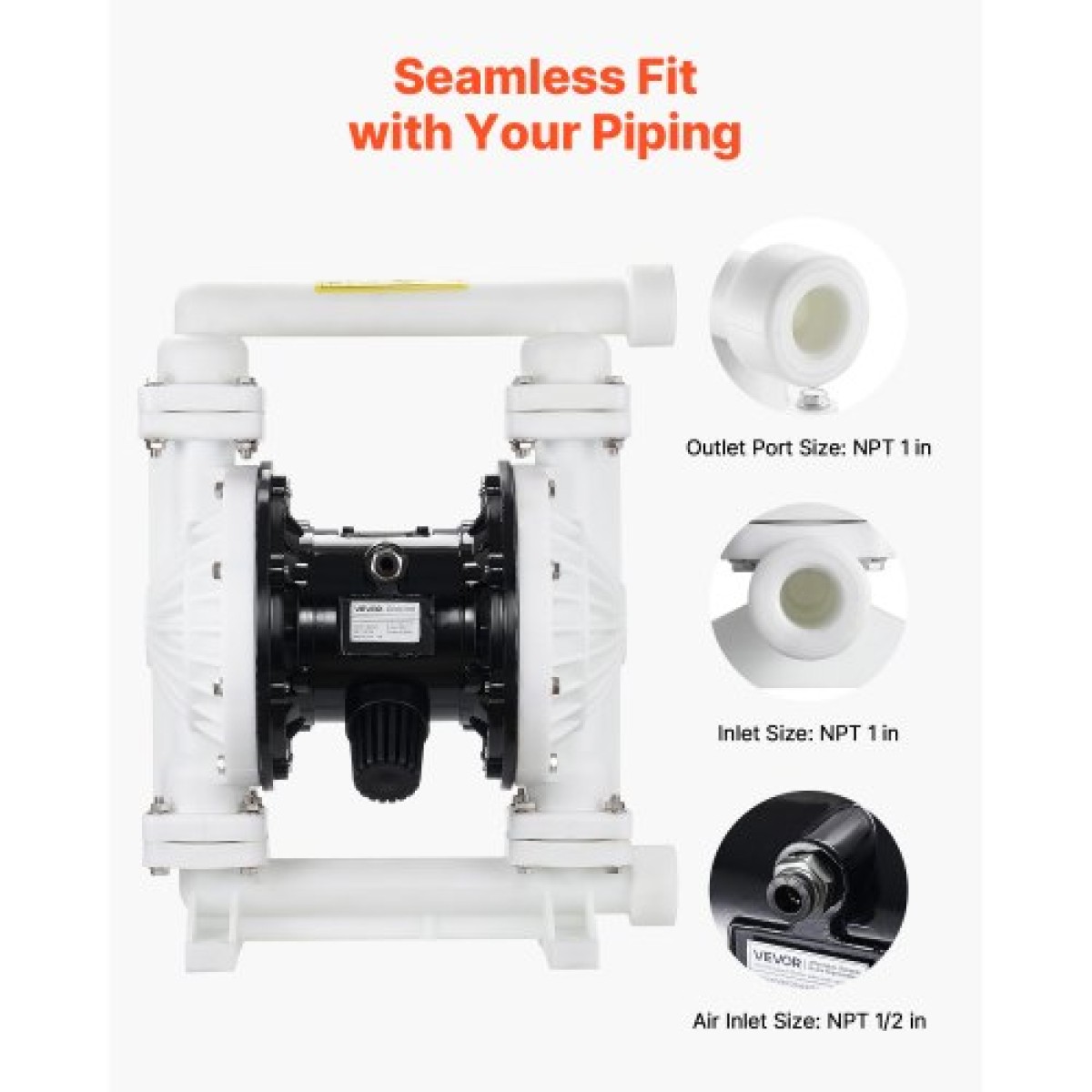 VEVOR Air Operated Double Diaphragm Pump, 95 L/min Max, Standard Int & Out Out Air Pneumatic Waste Oil Transfer Pump, Σώμα πολυπροπυλενίου, Διπλά διαφράγματα, για πετρέλαιο, γράσο, κηροζίνη, βενζίνη