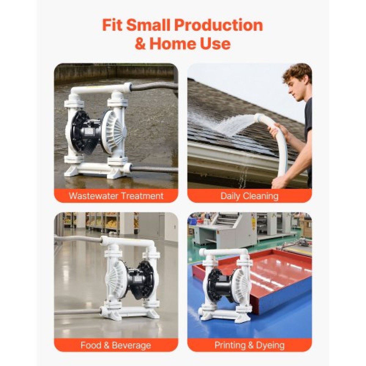 VEVOR Air Operated Double Diaphragm Pump, 95 L/min Max, Standard Int & Out Out Air Pneumatic Waste Oil Transfer Pump, Σώμα πολυπροπυλενίου, Διπλά διαφράγματα, για πετρέλαιο, γράσο, κηροζίνη, βενζίνη