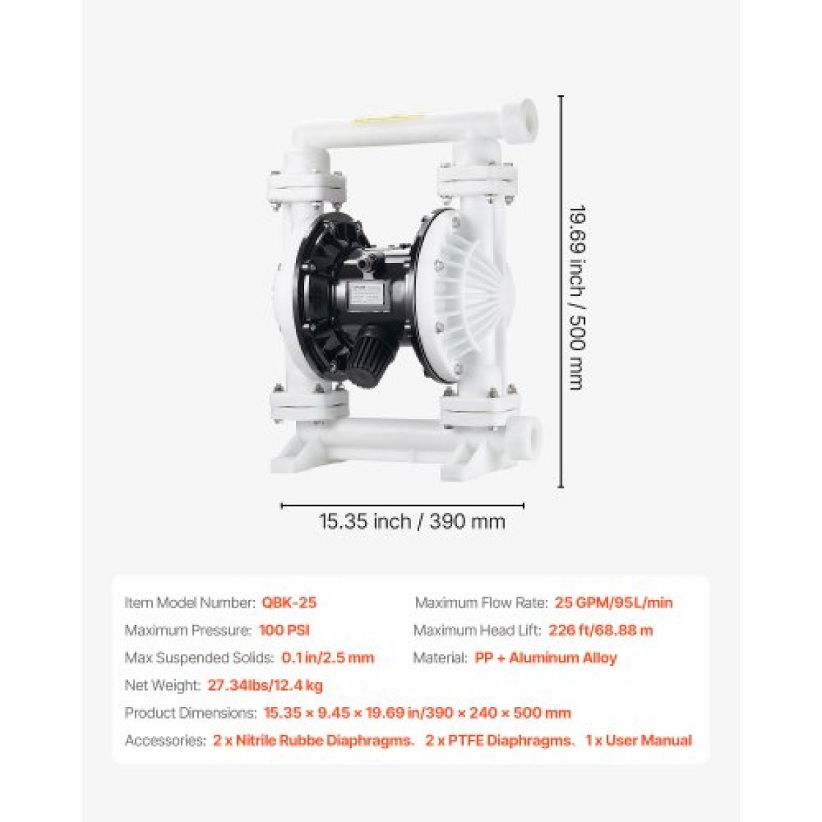VEVOR Air Operated Double Diaphragm Pump, 95 L/min Max, Standard Int & Out Out Air Pneumatic Waste Oil Transfer Pump, Σώμα πολυπροπυλενίου, Διπλά διαφράγματα, για πετρέλαιο, γράσο, κηροζίνη, βενζίνη