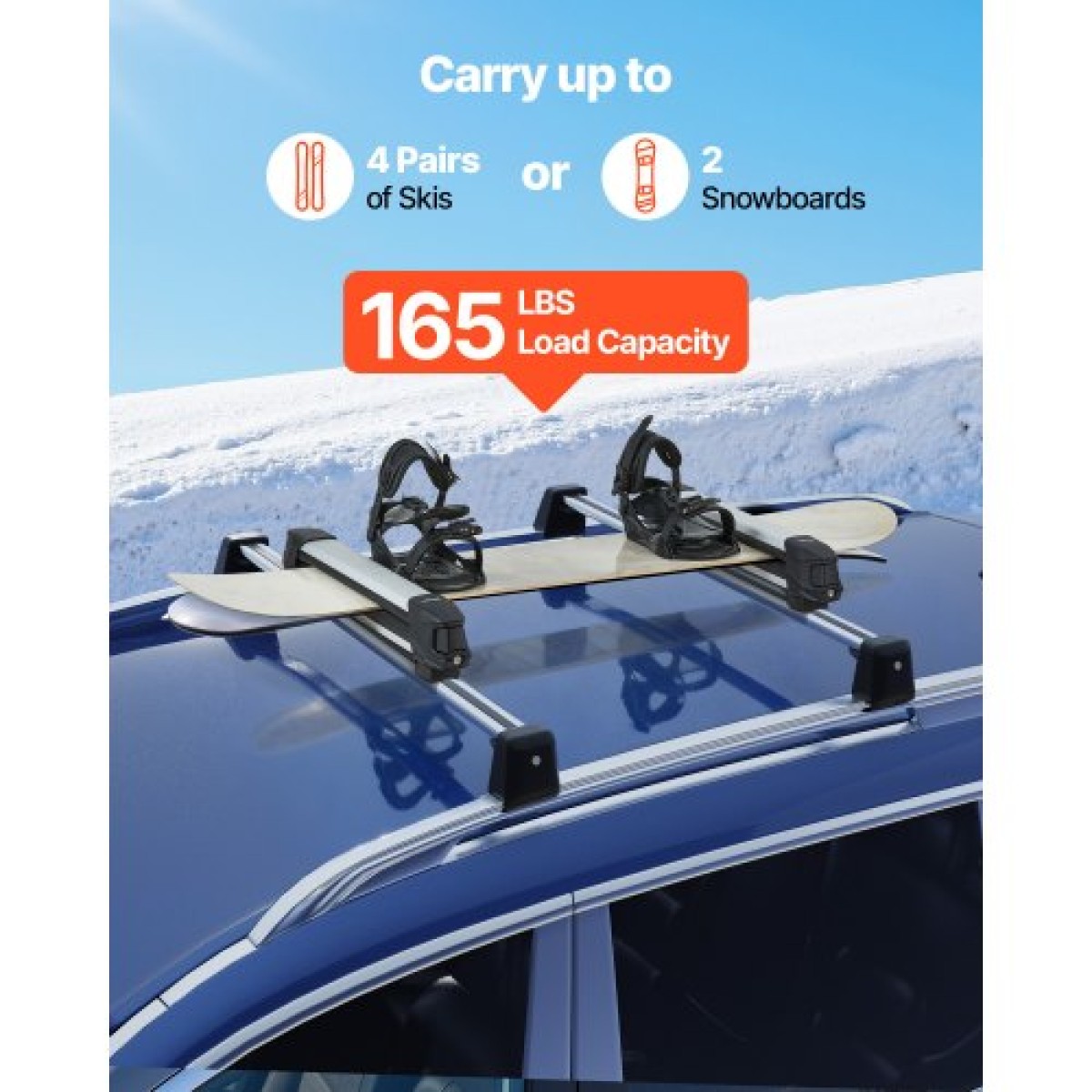 Βάση οροφής VEVOR Ski & Snowboard, Μεταφορά έως και 4 ζευγάρια σκι ή 2 Snowboard, 2 ΤΕΜ Αλουμίνιο Universal Roof Rack Car με κλειδαριά & λαστιχένια επένδυση, φορέας για καλάμι ψαρέματος, ταιριάζουν με τις περισσότερες εγκάρσιες ράβδους