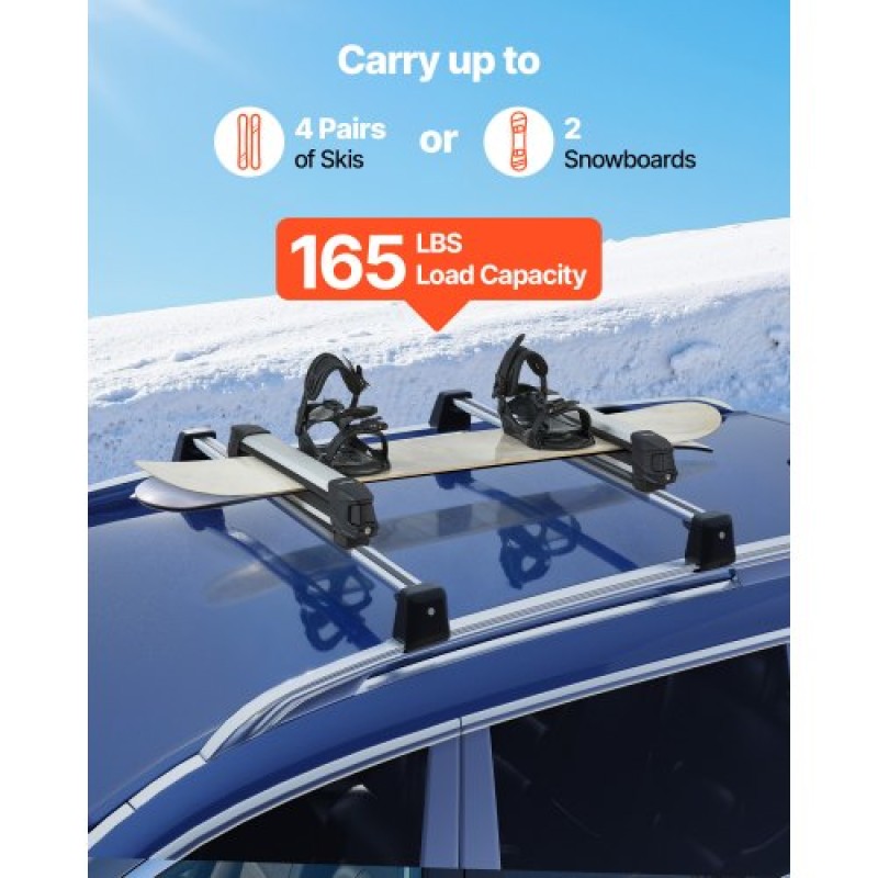Βάση οροφής VEVOR Ski & Snowboard, Μεταφορά έως και 4 ζευγάρια σκι ή 2 Snowboard, 2 ΤΕΜ Αλουμίνιο Universal Roof Rack Car με κλειδαριά & λαστιχένια επένδυση, φορέας για καλάμι ψαρέματος, ταιριάζουν με τις περισσότερες εγκάρσιες ράβδους