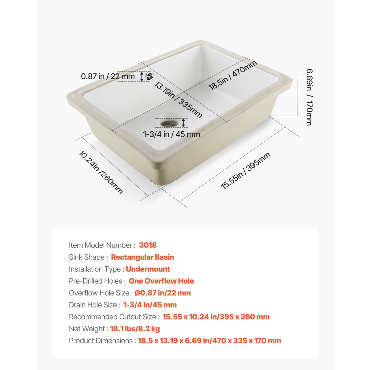 Νεροχύτης μπάνιου VEVOR Undermount, 470 x 335 mm Ορθογώνιος λευκός κεραμικός νεροχύτης με τρύπα υπερχείλισης, κάτω από πάγκο σε μοντέρνα λεκάνη νιπτήρα μπάνιου νεροχύτη, ορθογώνιο για μικρό χώρο