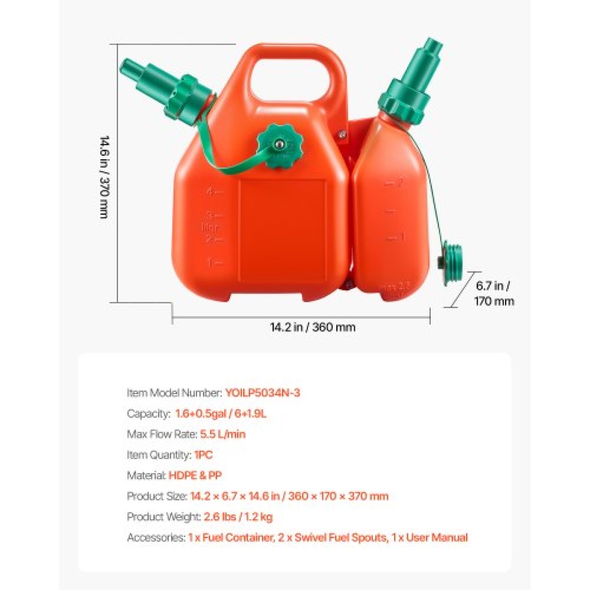 Δοχείο καυσίμου VEVOR, 6 L, Δεξαμενή καυσίμου με στόμιο & Δοχείο 1,9 L Extra Oil, Μέγιστος ρυθμός ροής 5,5 L/min, στεγανό και φορητό επίπεδο δοχείο υγρού για τα περισσότερα αυτοκίνητα μοτοσικλέτα ATV UTV