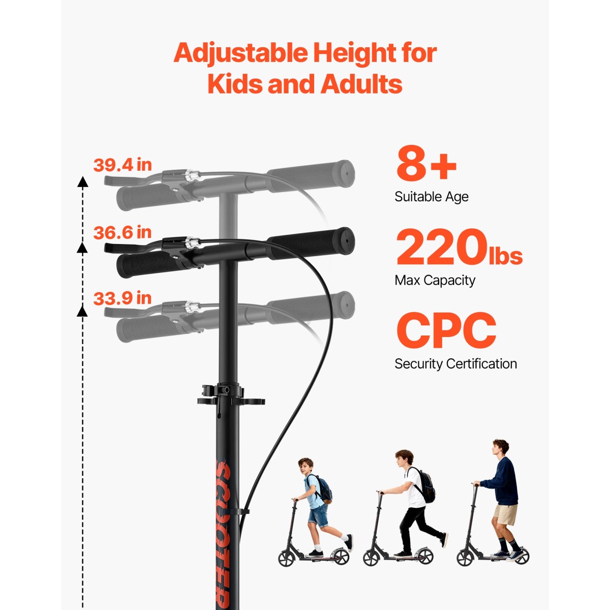 VEVOR Kick Scooter για Παιδιά Ηλικιών 8+, Έφηβοι και Ενήλικες, Μικρό σκούτερ 2 τροχών με τιμόνι ρυθμιζόμενο σε ύψος, φαρδύ αντιολισθητικό κατάστρωμα, αναδιπλούμενο ελαφρύ πλαίσιο για αγόρια και κορίτσια έως 99,8 κιλά, μαύρο