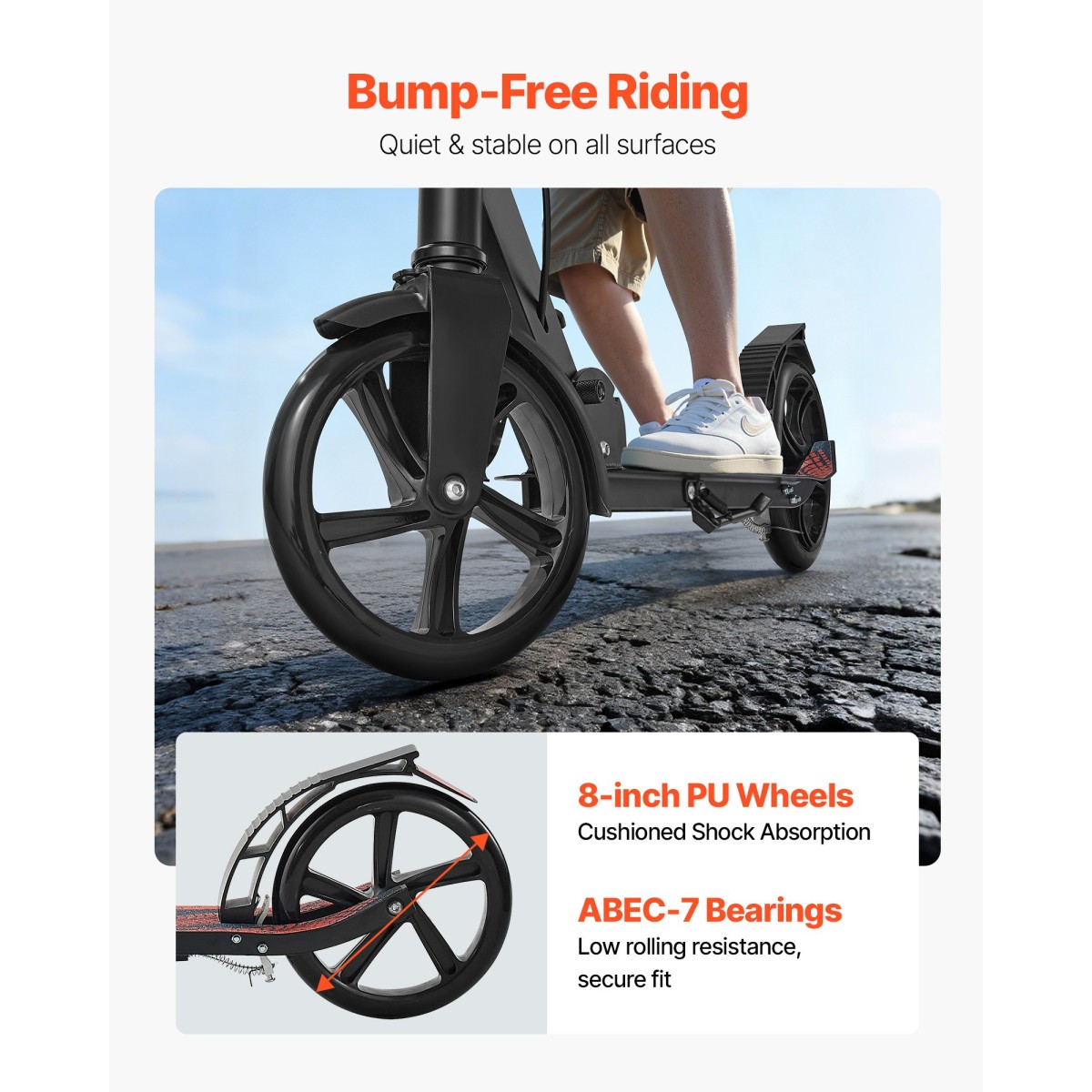 VEVOR Kick Scooter για Παιδιά Ηλικιών 8+, Έφηβοι και Ενήλικες, Μικρό σκούτερ 2 τροχών με τιμόνι ρυθμιζόμενο σε ύψος, φαρδύ αντιολισθητικό κατάστρωμα, αναδιπλούμενο ελαφρύ πλαίσιο για αγόρια και κορίτσια έως 99,8 κιλά, μαύρο