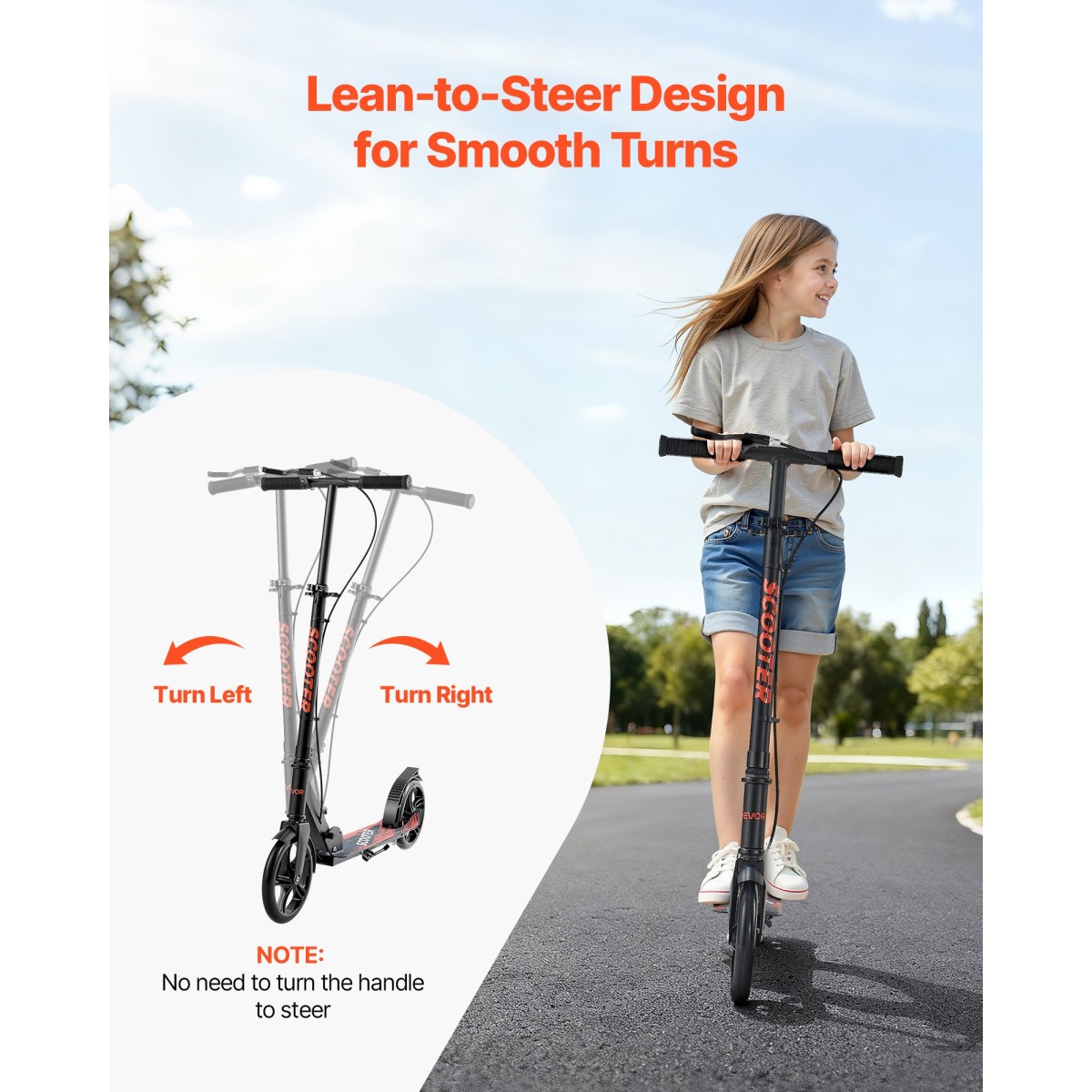 VEVOR Kick Scooter για Παιδιά Ηλικιών 8+, Έφηβοι και Ενήλικες, Μικρό σκούτερ 2 τροχών με τιμόνι ρυθμιζόμενο σε ύψος, φαρδύ αντιολισθητικό κατάστρωμα, αναδιπλούμενο ελαφρύ πλαίσιο για αγόρια και κορίτσια έως 99,8 κιλά, μαύρο
