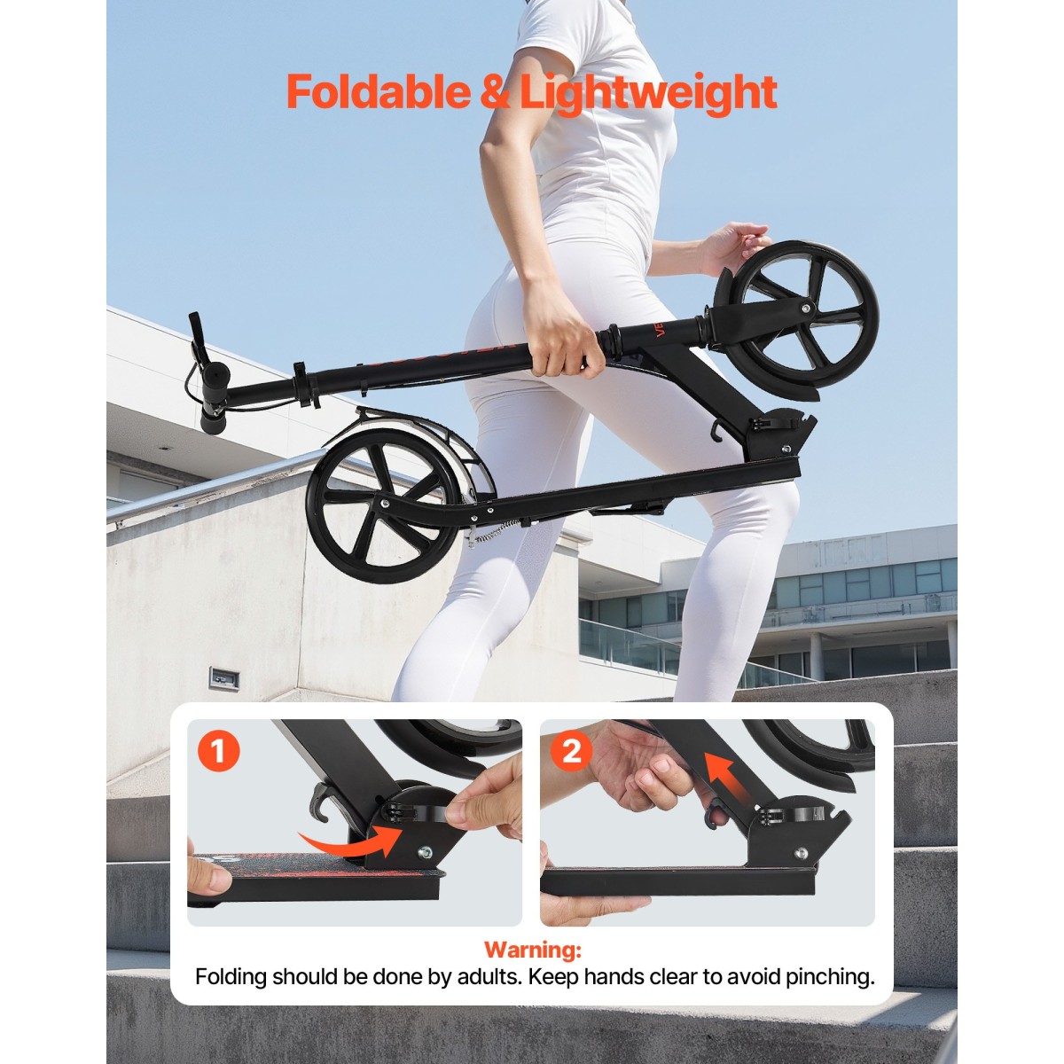 VEVOR Kick Scooter για Παιδιά Ηλικιών 8+, Έφηβοι και Ενήλικες, Μικρό σκούτερ 2 τροχών με τιμόνι ρυθμιζόμενο σε ύψος, φαρδύ αντιολισθητικό κατάστρωμα, αναδιπλούμενο ελαφρύ πλαίσιο για αγόρια και κορίτσια έως 99,8 κιλά, μαύρο