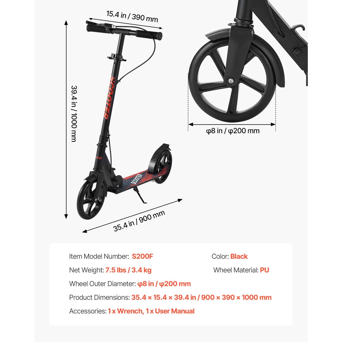 VEVOR Kick Scooter για Παιδιά Ηλικιών 8+, Έφηβοι και Ενήλικες, Μικρό σκούτερ 2 τροχών με τιμόνι ρυθμιζόμενο σε ύψος, φαρδύ αντιολισθητικό κατάστρωμα, αναδιπλούμενο ελαφρύ πλαίσιο για αγόρια και κορίτσια έως 99,8 κιλά, μαύρο