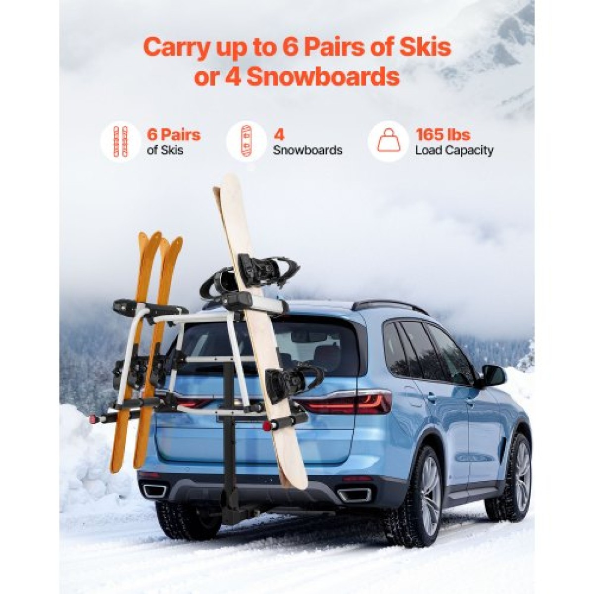 Βάση για σκι και Snowboard VEVOR Hitch, Ταιριάζει σε δέκτη 50 mm, Μεταφέρει έως και 6 ζευγάρια σκι ή 4 Snowboard, Σχάρα για Αυτοκίνητο με Κλειδαριά, Λουράκι ασφαλείας, Πρόσβαση με κλίση, Λαστιχένια επένδυση