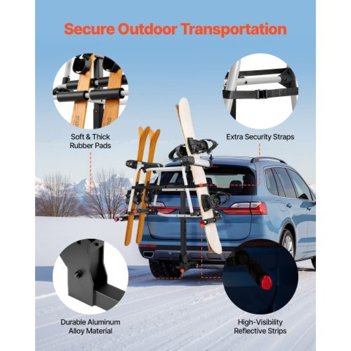 Βάση για σκι και Snowboard VEVOR Hitch, Ταιριάζει σε δέκτη 50 mm, Μεταφέρει έως και 6 ζευγάρια σκι ή 4 Snowboard, Σχάρα για Αυτοκίνητο με Κλειδαριά, Λουράκι ασφαλείας, Πρόσβαση με κλίση, Λαστιχένια επένδυση