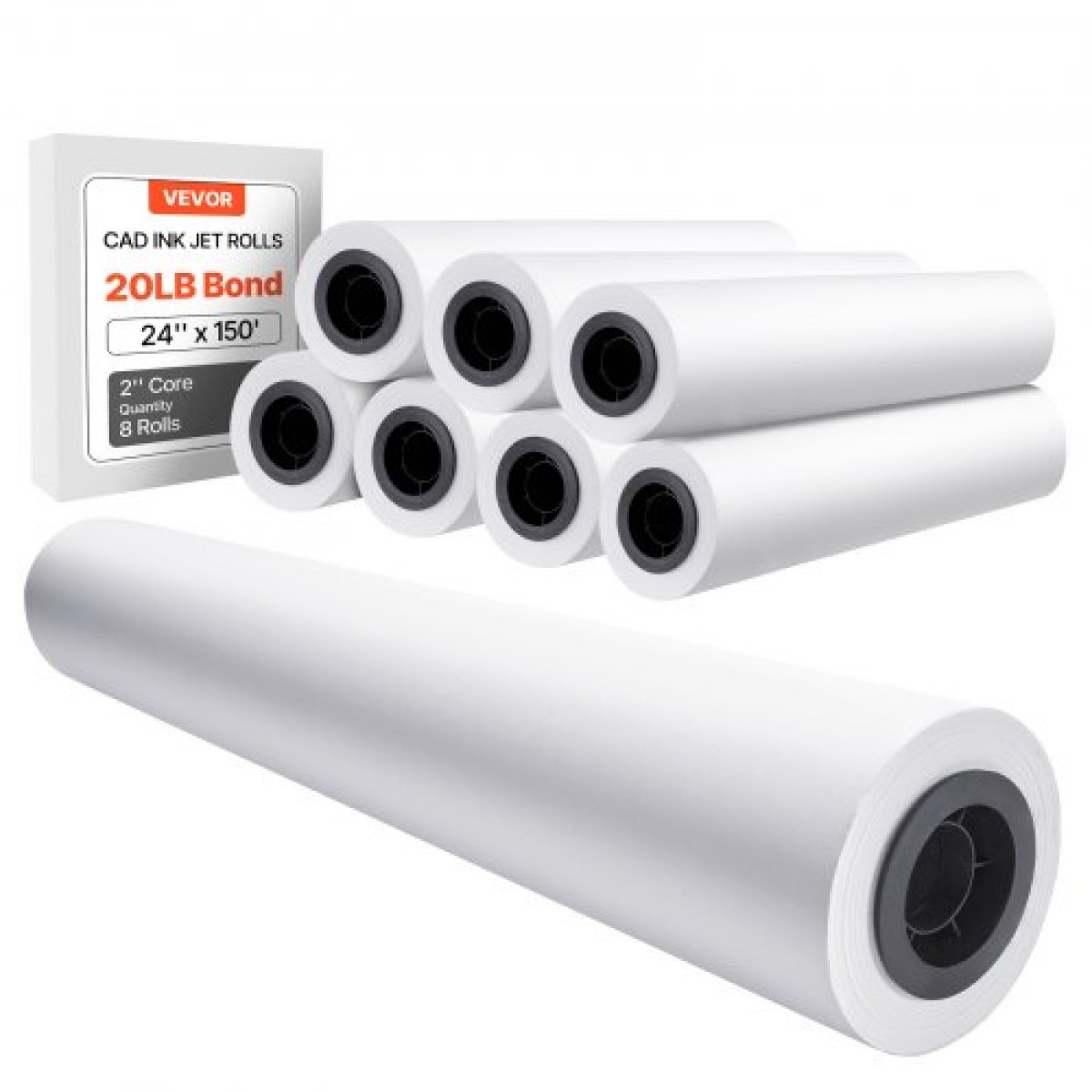 Χαρτί ευρείας μορφής VEVOR, 609,6 mm x 45,7 m Roll Plotter, 8 Rolls CAD Bond Rolls με 50,8 mm Core, 80 Rolls Plotter GSM, για σχέδια CAD, μηχανολογικά σχέδια, χάρτες GIS και αρχιτεκτονικά σχέδια