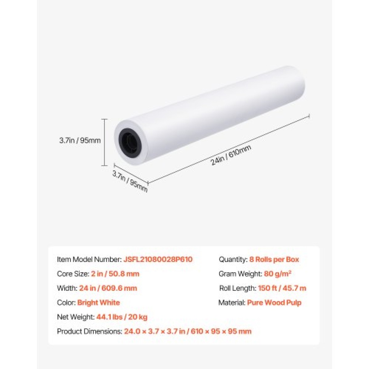 Χαρτί ευρείας μορφής VEVOR, 609,6 mm x 45,7 m Roll Plotter, 8 Rolls CAD Bond Rolls με 50,8 mm Core, 80 Rolls Plotter GSM, για σχέδια CAD, μηχανολογικά σχέδια, χάρτες GIS και αρχιτεκτονικά σχέδια