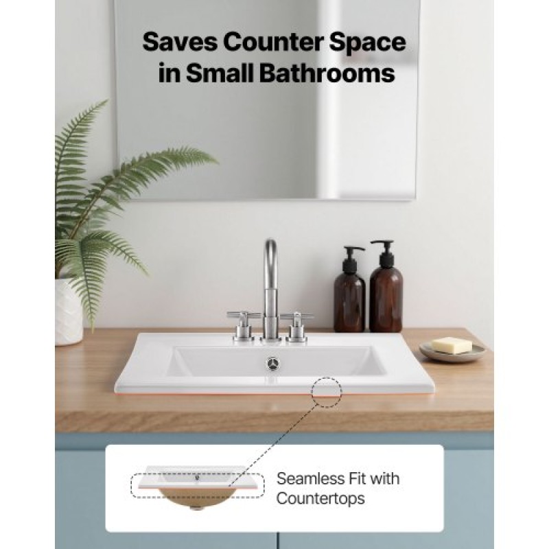 VEVOR Semi Recessed Bathroom Sink, 510 x 465 mm Rectangular White Ceramic Vessel Sink with Overflow and 3 Faucet Holes, Drop in Modern Lavatory Vanity Bath Wash Bowl Basin Rectangle for Small Space