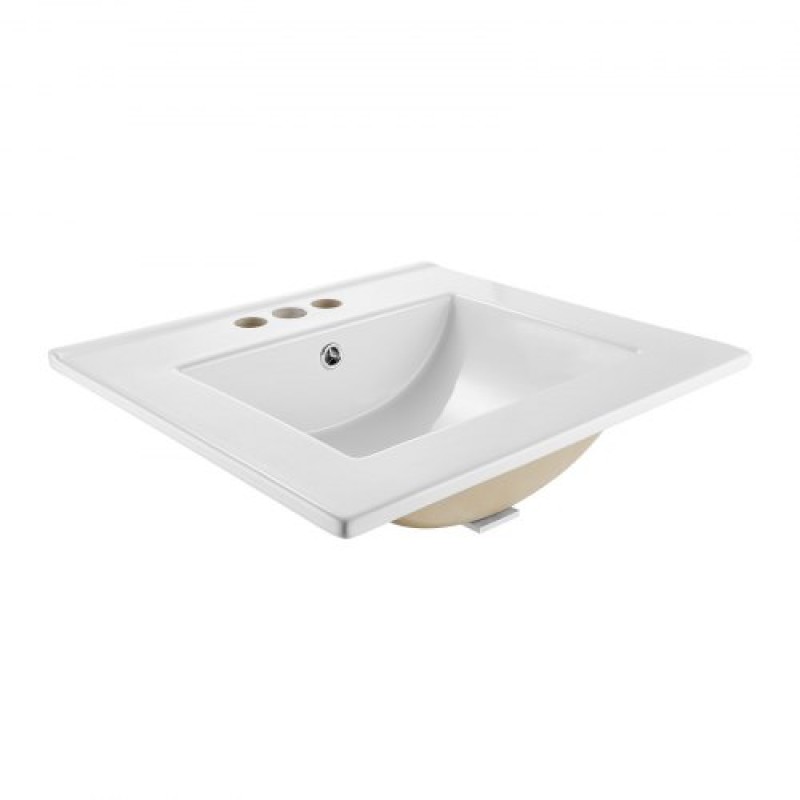VEVOR Semi Recessed Bathroom Sink, 510 x 465 mm Rectangular White Ceramic Vessel Sink with Overflow and 3 Faucet Holes, Drop in Modern Lavatory Vanity Bath Wash Bowl Basin Rectangle for Small Space
