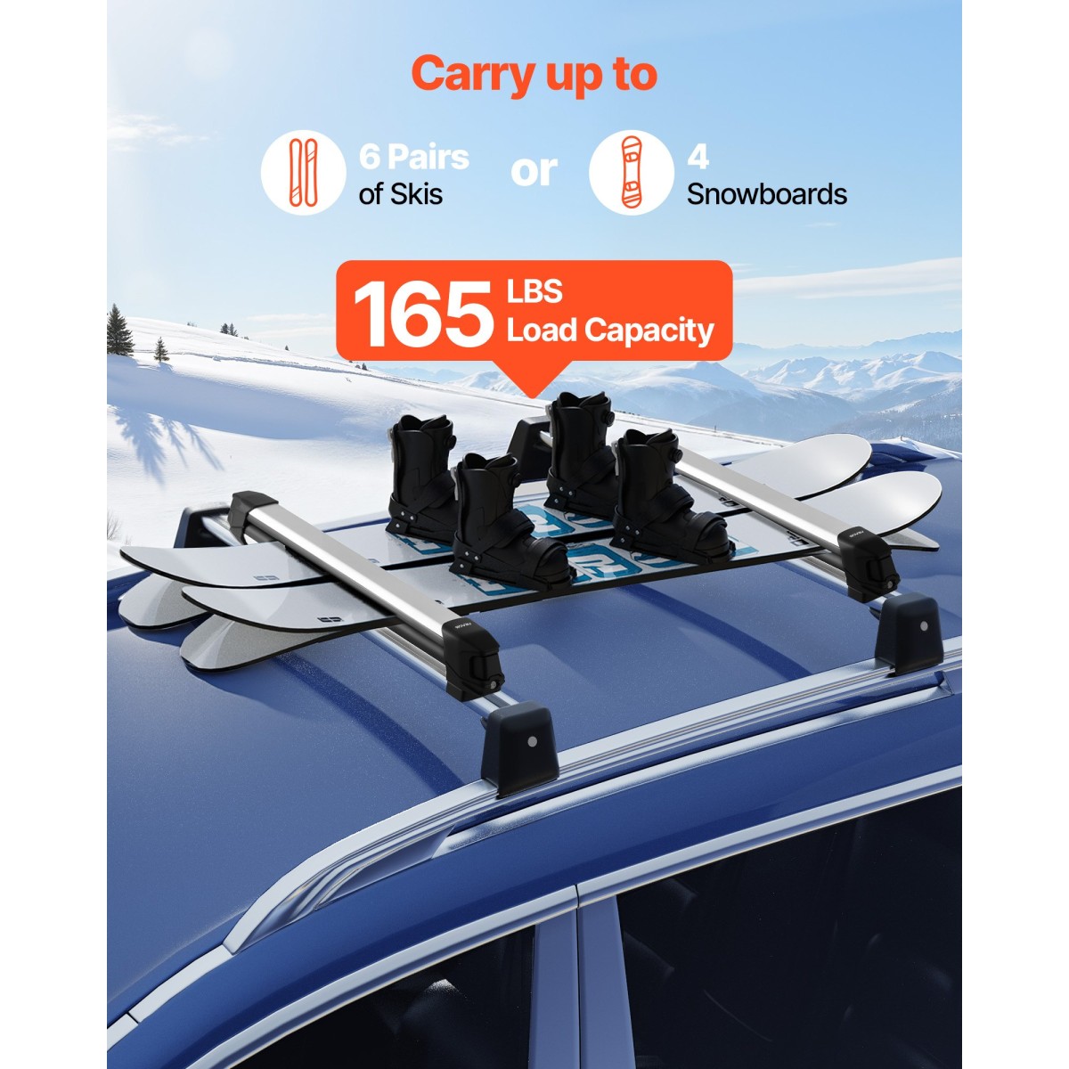Βάση οροφής VEVOR Ski & Snowboard, Μεταφορά έως και 6 ζευγάρια σκι ή 4 Snowboard, 2 ΤΕΜ. Αλουμινένια Universal θήκη οροφής αυτοκινήτου με κλειδαριά και λαστιχένια επένδυση για καλάμι ψαρέματος, ταιριάζουν με τις περισσότερες εγκάρσιες ράβδους