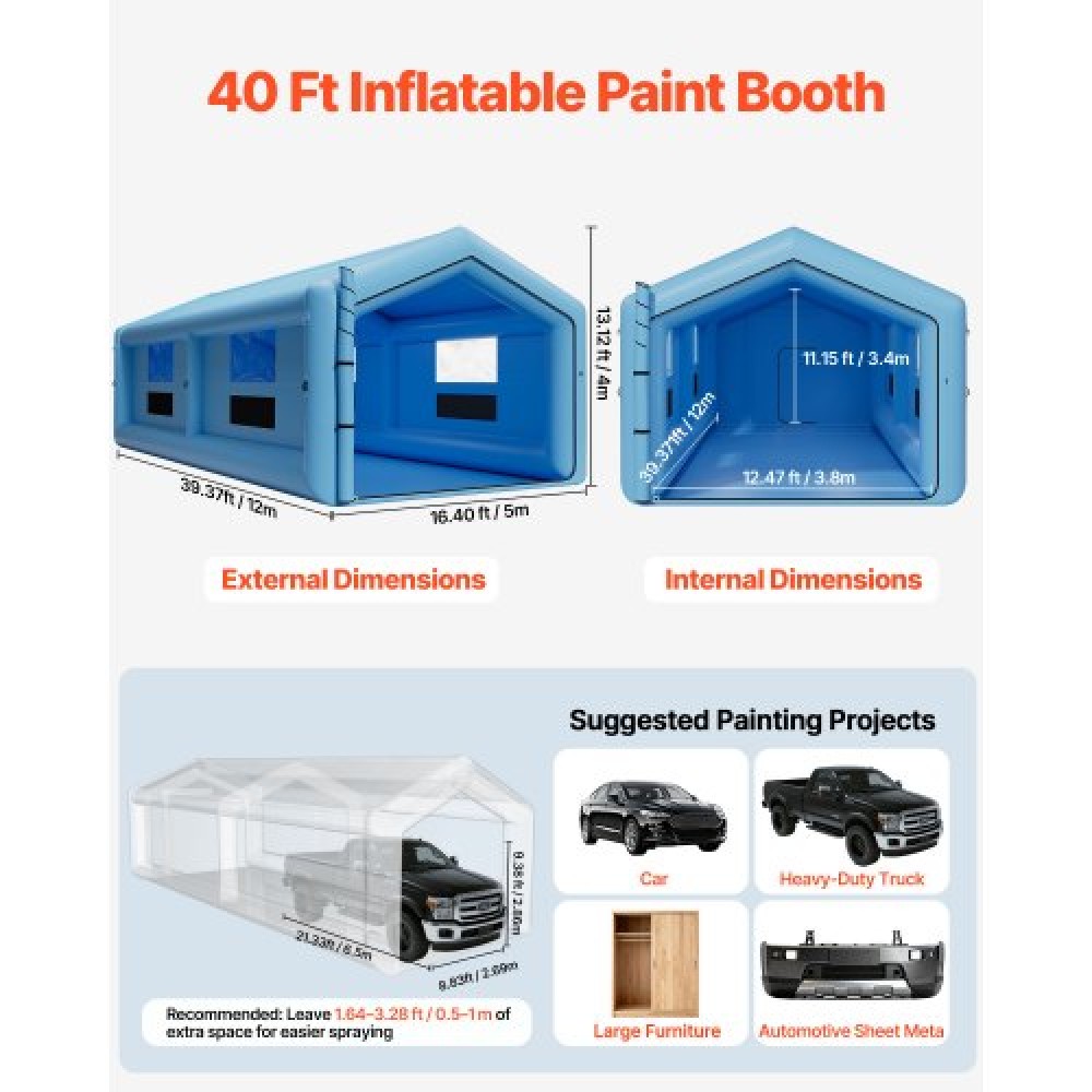 VEVOR Inflatable Paint Booth, 12 x 5 x 4 m, Inflatable Spray Booth with 950W+1100W Blowers and Air Filter System, Triangular Roof, for Painting Car, Truck, Large Furniture, and Automotive Sheet Metal