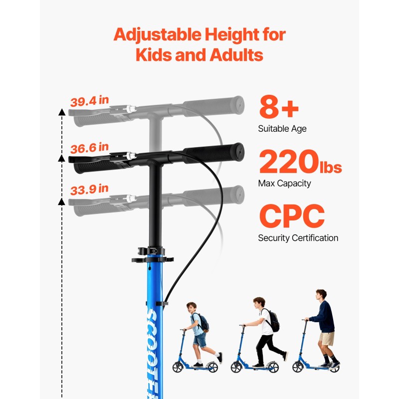 VEVOR Kick Scooter για Παιδιά Ηλικιών 8+, Εφήβους και Ενήλικες, Μικρό σκούτερ 2 τροχών με τιμόνι ρυθμιζόμενο σε ύψος, φαρδύ αντιολισθητικό κατάστρωμα, αναδιπλούμενο ελαφρύ για αγόρια και κορίτσια έως 99,8 κιλά, μαύρο + μπλε