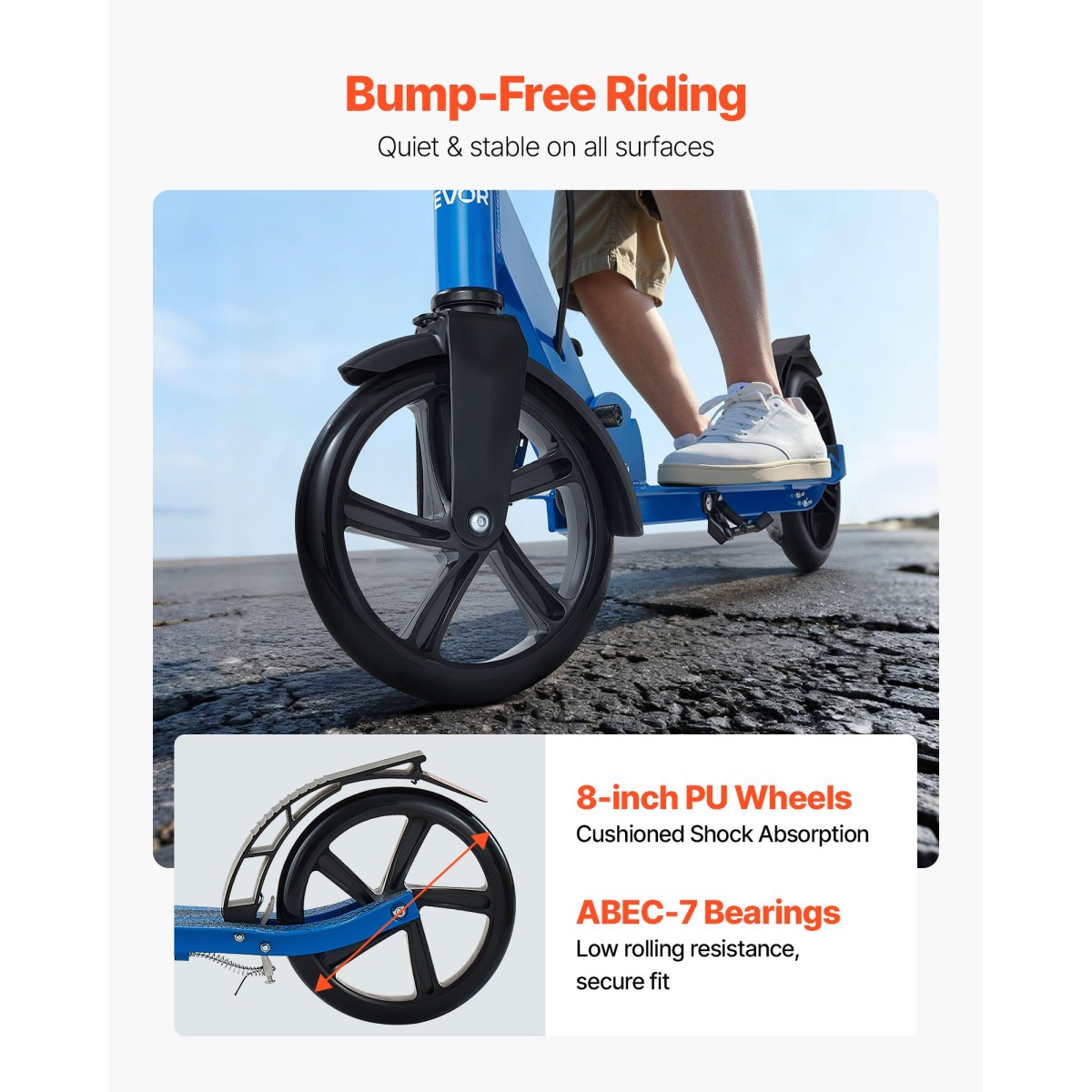 VEVOR Kick Scooter για Παιδιά Ηλικιών 8+, Εφήβους και Ενήλικες, Μικρό σκούτερ 2 τροχών με τιμόνι ρυθμιζόμενο σε ύψος, φαρδύ αντιολισθητικό κατάστρωμα, αναδιπλούμενο ελαφρύ για αγόρια και κορίτσια έως 99,8 κιλά, μαύρο + μπλε