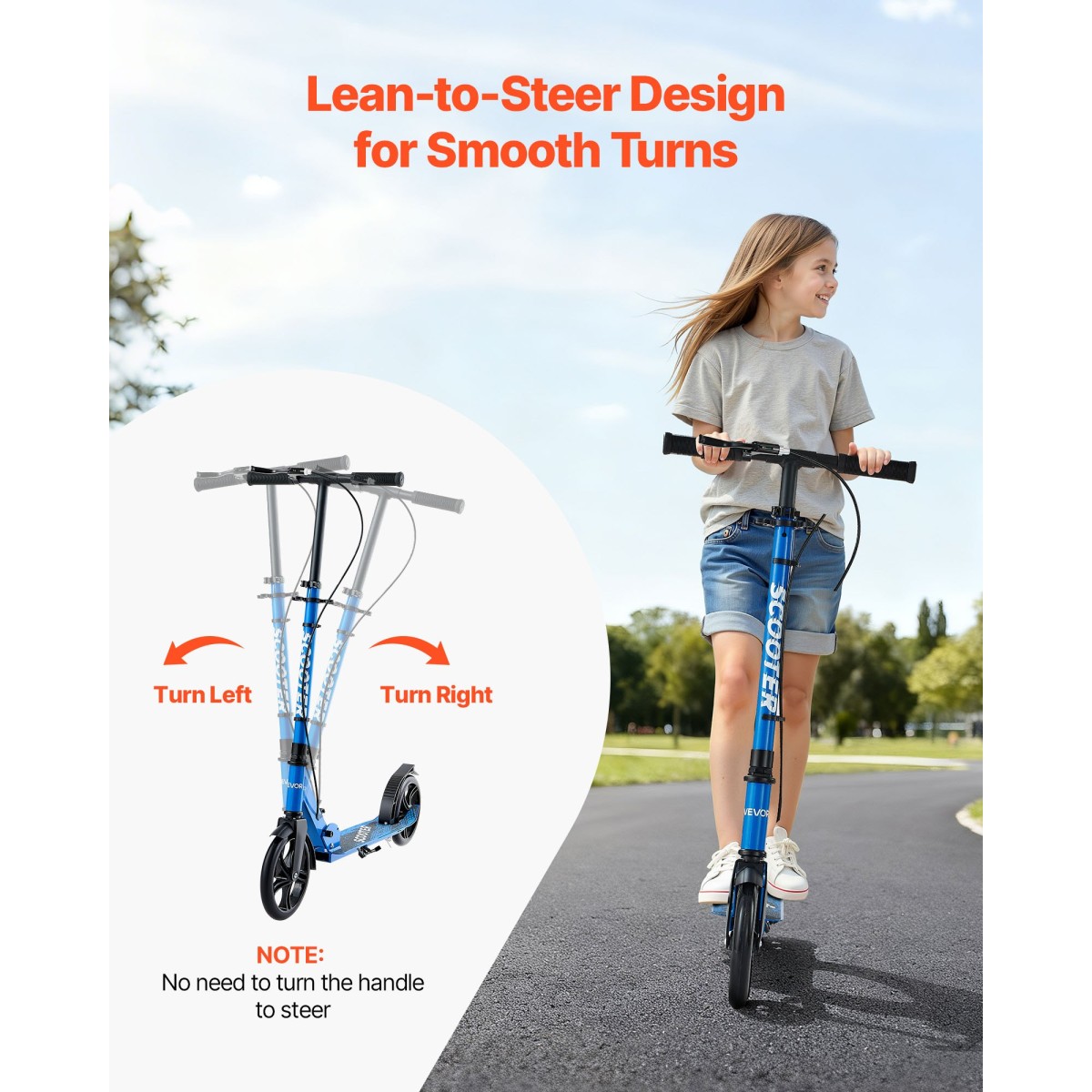VEVOR Kick Scooter για Παιδιά Ηλικιών 8+, Εφήβους και Ενήλικες, Μικρό σκούτερ 2 τροχών με τιμόνι ρυθμιζόμενο σε ύψος, φαρδύ αντιολισθητικό κατάστρωμα, αναδιπλούμενο ελαφρύ για αγόρια και κορίτσια έως 99,8 κιλά, μαύρο + μπλε