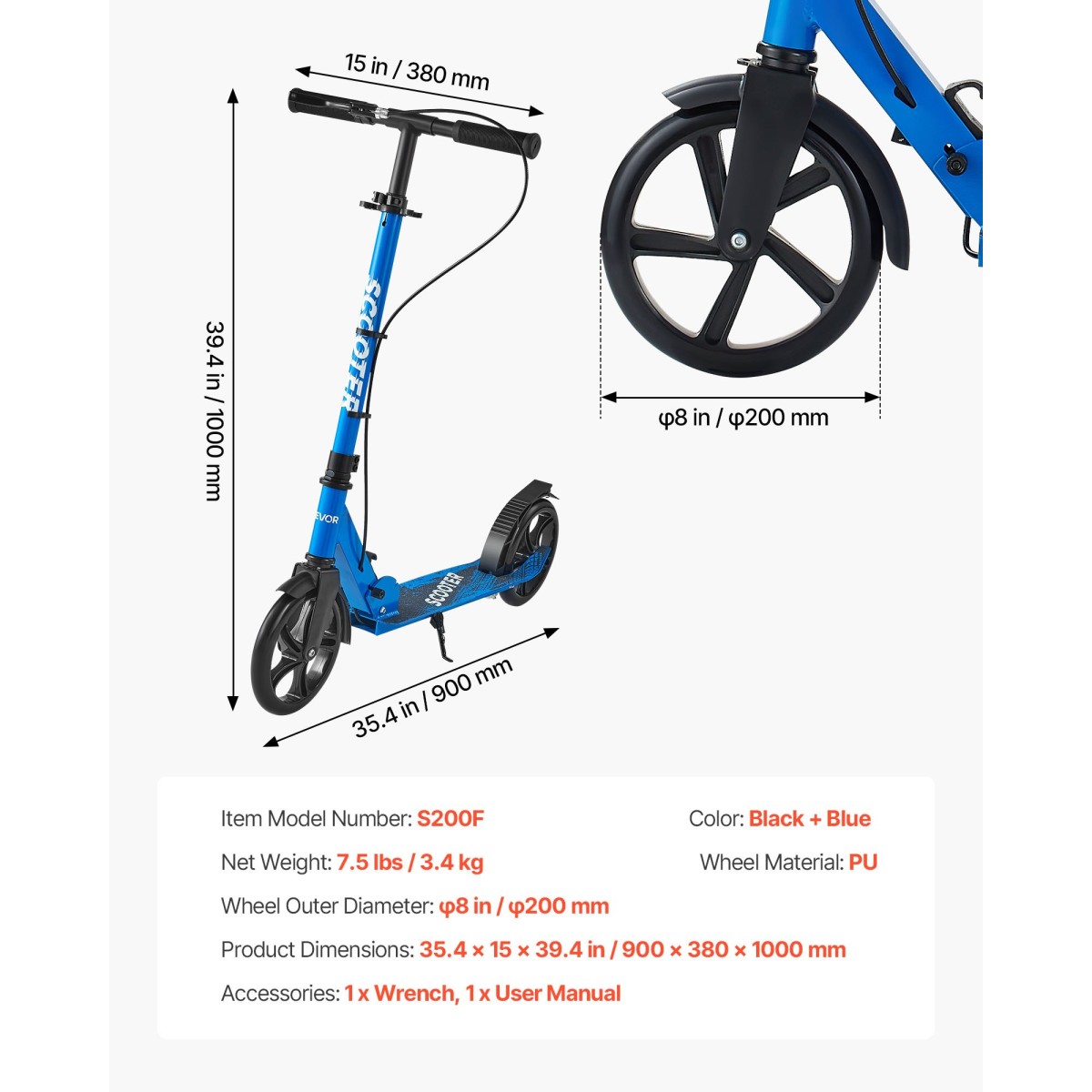 VEVOR Kick Scooter για Παιδιά Ηλικιών 8+, Εφήβους και Ενήλικες, Μικρό σκούτερ 2 τροχών με τιμόνι ρυθμιζόμενο σε ύψος, φαρδύ αντιολισθητικό κατάστρωμα, αναδιπλούμενο ελαφρύ για αγόρια και κορίτσια έως 99,8 κιλά, μαύρο + μπλε