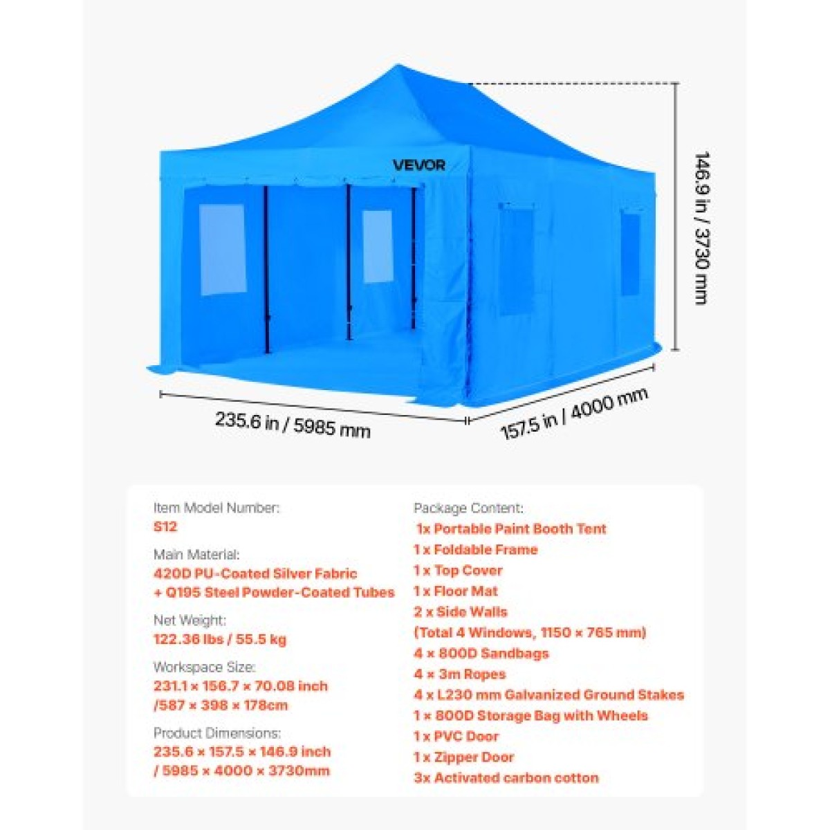 VEVOR Portable Paint Booth Ten, 5870 x 3980 x 1780mm Portable Garage Spray Tent, Waterproof spray booth with foldable frame design & 4 Mesh side windows for Auto Parts, Έπιπλα, Βαφή αυτοκινήτου