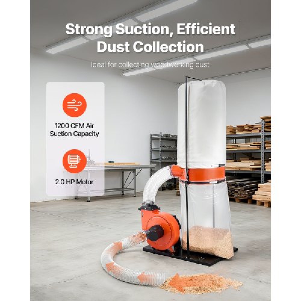 VEVOR Dust Collector, 1200 CFM 2.5 Micron Vortex Cone Dust Collectors, 2.0HP Sawdust Collection System with 132.5L Dusts Collector Bag & 159L Filter Bag, 2800 RPM High Speed, for Woodworking