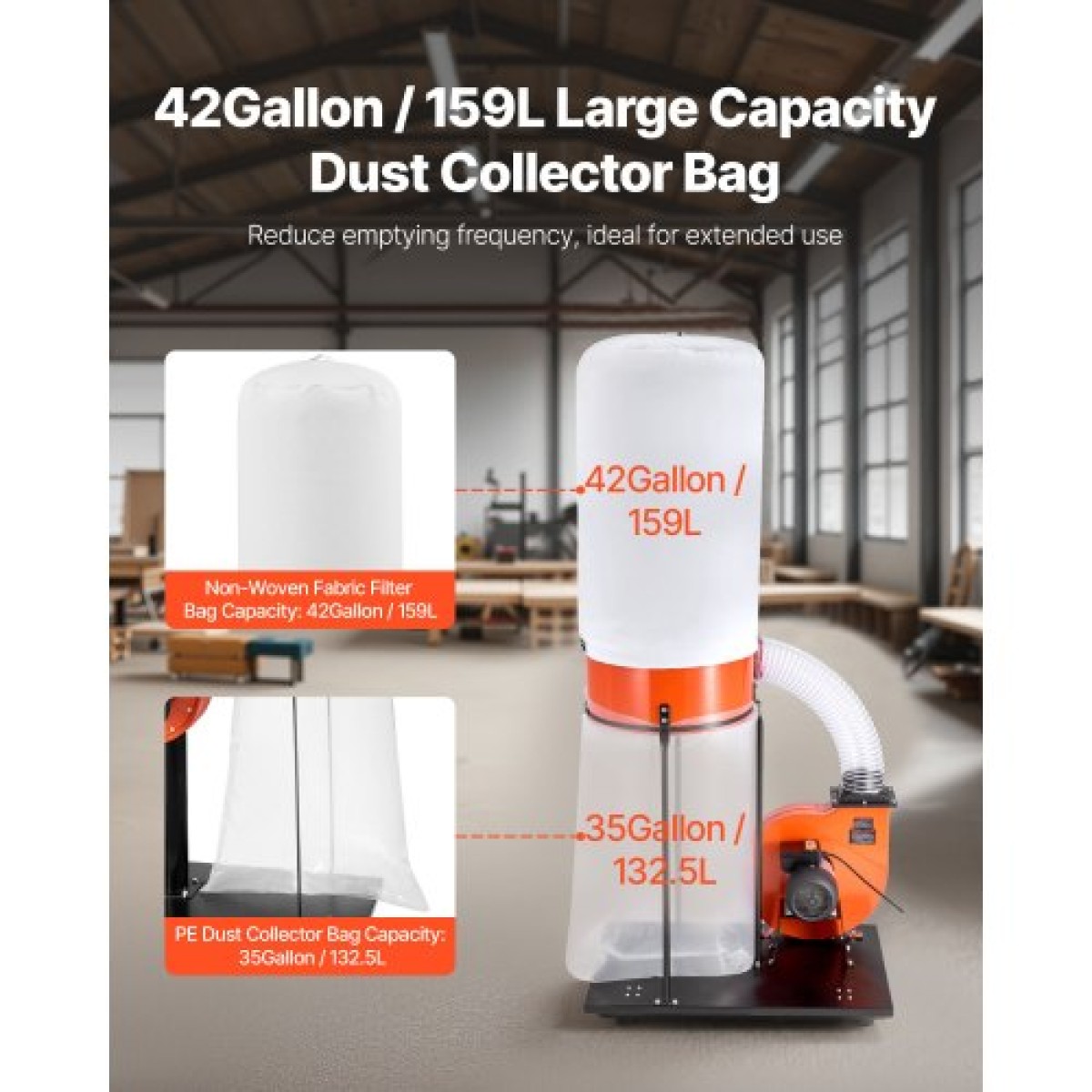 VEVOR Dust Collector, 1200 CFM 2.5 Micron Vortex Cone Dust Collectors, 2.0HP Sawdust Collection System με 132.5L Dusts Collector Bag & 159L Filter Bag, 2800 RPM High Speed, για ξυλουργική