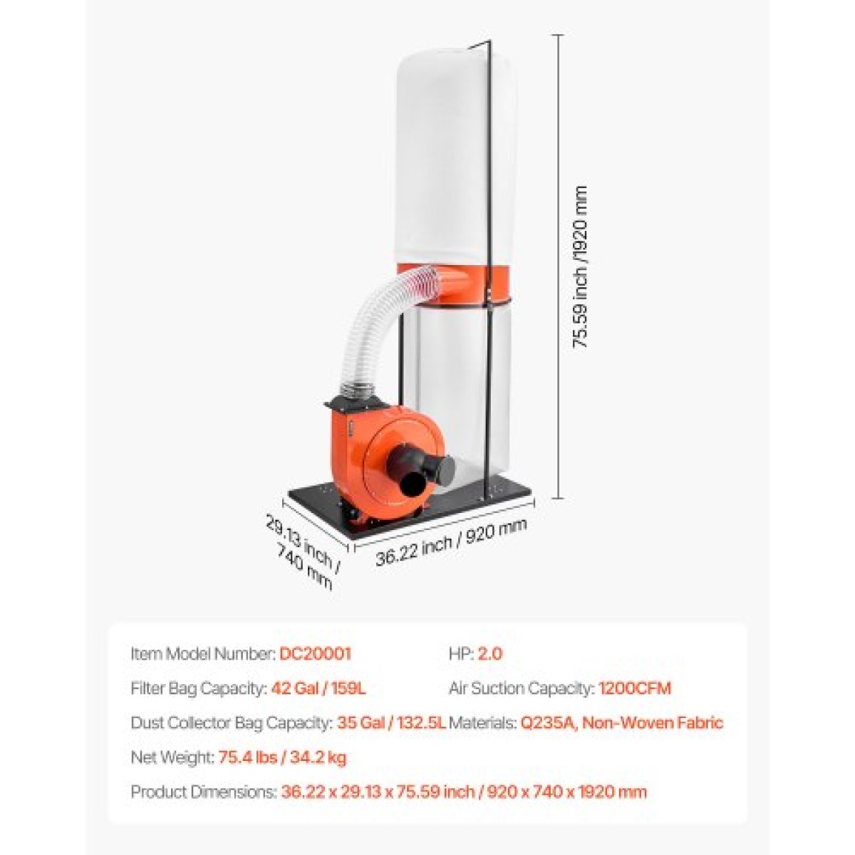 VEVOR Dust Collector, 1200 CFM 2.5 Micron Vortex Cone Dust Collectors, 2.0HP Sawdust Collection System με 132.5L Dusts Collector Bag & 159L Filter Bag, 2800 RPM High Speed, για ξυλουργική