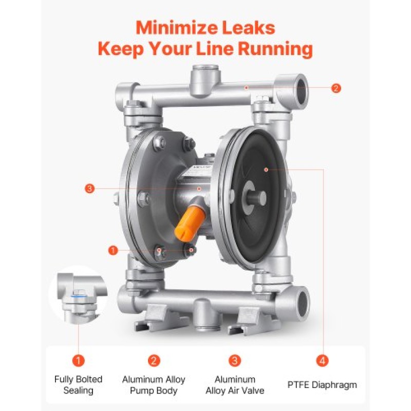 VEVOR Air Operated Double Diaphragm Pump, 25 L/min Max, Standard Int & Out Out Air Pneumatic Waste Oil Transfer Pump, Σώμα από κράμα αλουμινίου, Διπλά διαφράγματα, για ντίζελ, γράσο, κηροζίνη, βενζίνη