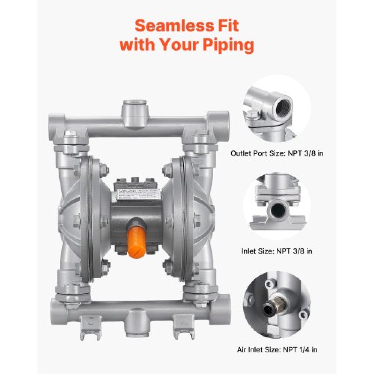 VEVOR Air Operated Double Diaphragm Pump, 25 L/min Max, Standard Int & Out Out Air Pneumatic Waste Oil Transfer Pump, Σώμα από κράμα αλουμινίου, Διπλά διαφράγματα, για ντίζελ, γράσο, κηροζίνη, βενζίνη