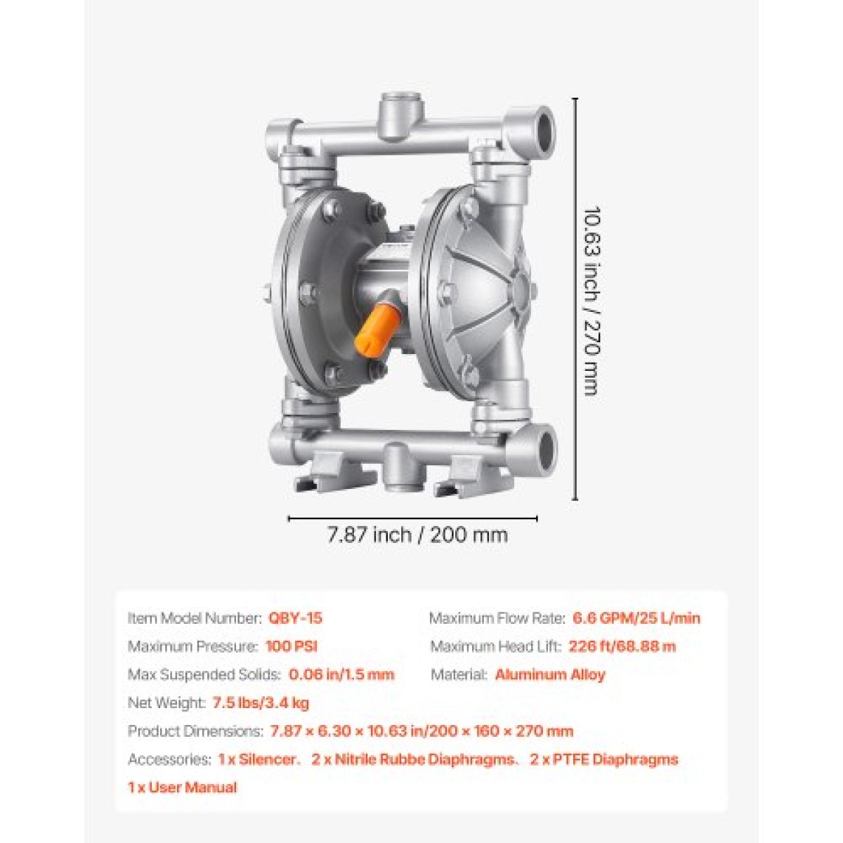 VEVOR Air Operated Double Diaphragm Pump, 25 L/min Max, Standard Int & Out Out Air Pneumatic Waste Oil Transfer Pump, Σώμα από κράμα αλουμινίου, Διπλά διαφράγματα, για ντίζελ, γράσο, κηροζίνη, βενζίνη