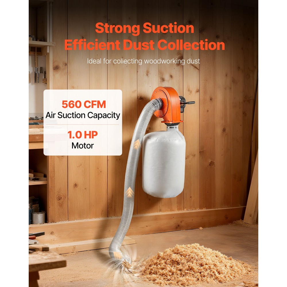 VEVOR Dust Collector, Wall Mount Dust Collector 1 HP, 560 CFM Woodworking Dusts Collectors with 2,5 Micron Dusts Collectors Bag, Sawdust Collector for Woodworking/Workshop, Industrial Factories