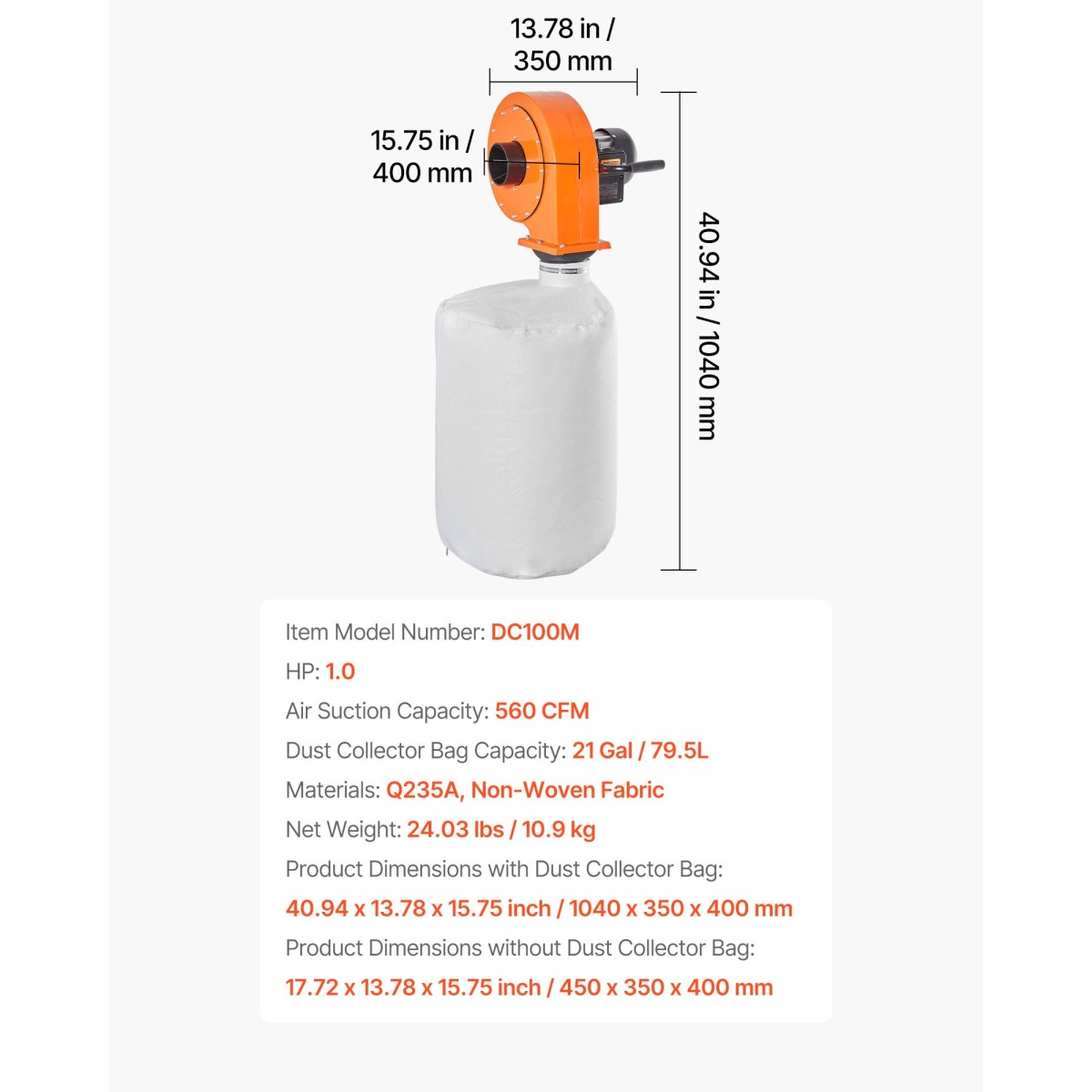 VEVOR Dust Collector, Wall Mount Dust Collector 1 HP, 560 CFM Woodworking Dusts Collectors with 2,5 Micron Dusts Collectors Bag, Sawdust Collector for Woodworking/Workshop, Industrial Factories