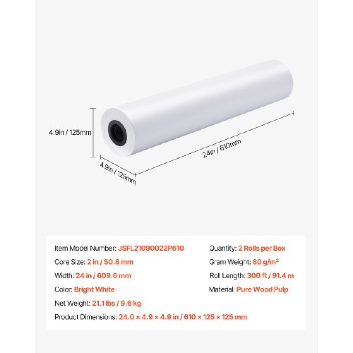 Χαρτί ευρείας μορφής VEVOR, 609,6 mm x 91,4 m Roll Plotter, 2 Rolls CAD Bond Rolls με 50,8 mm Core, 80 Rolls Plotter GSM, για σχέδια CAD, μηχανολογικά σχέδια, χάρτες GIS και αρχιτεκτονικά σχέδια
