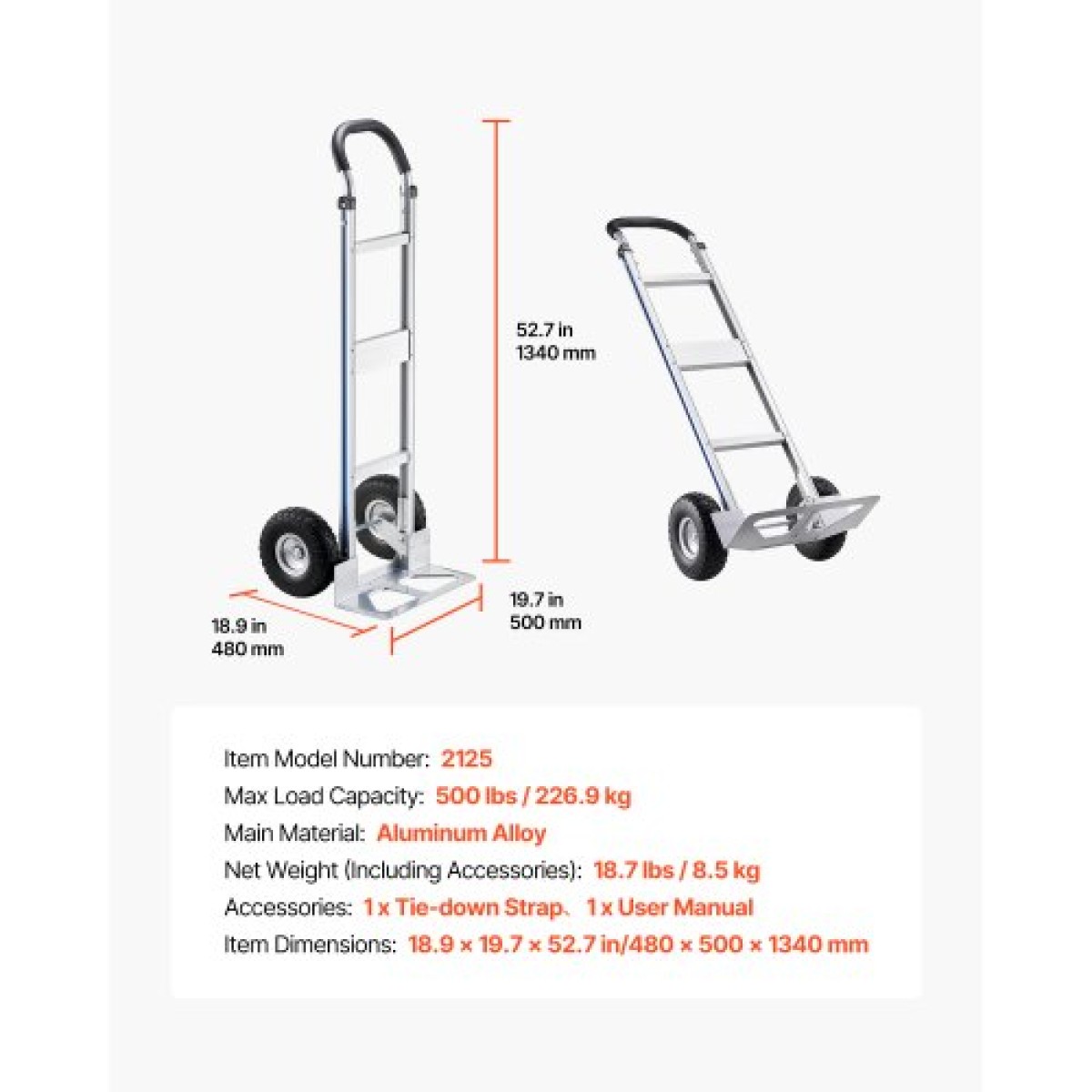Φορτηγό VEVOR, Χωρητικότητα 226,9 kg, βαρέως τύπου Hand Truck Dolly με αντιολισθητικές ρόδες & λαβή, φορητό τρόλεϊ από κράμα αλουμινίου με ιμάντα πρόσδεσης για μετακίνηση σπιτιού, γραφείου, αποθήκης