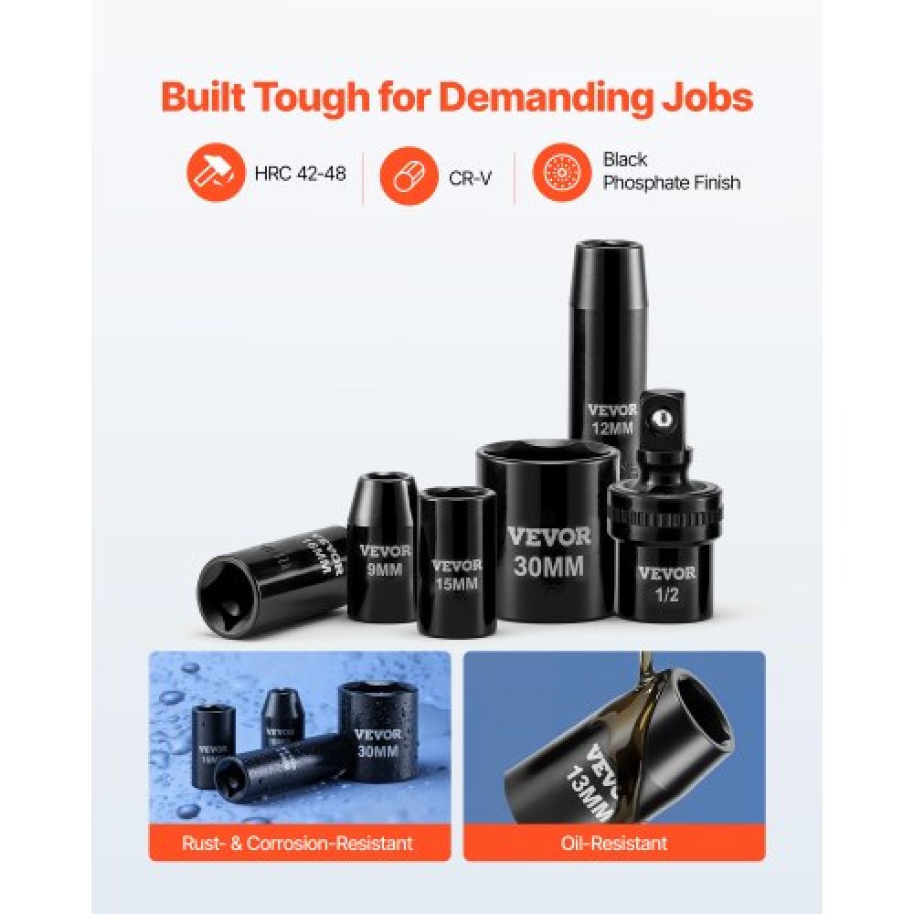 VEVOR 1/2 in Drive Impact Socket Set, 39 τεμαχίων, 6 Point Deep & Shallow Impact Sockets, Metric 9 έως 30 mm, Cr-V Steel Υψηλής αντοχής, με Universal Joint, Dual Size Marks, Heavy Duty Carry Case