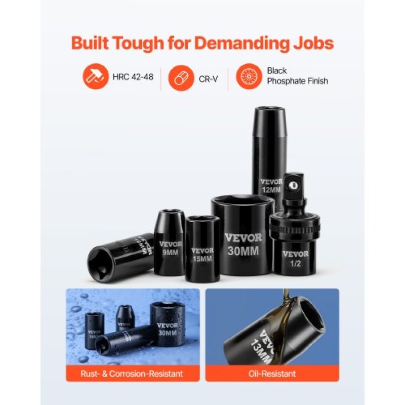 VEVOR 1/2 in Drive Impact Socket Set, 39 τεμαχίων, 6 Point Deep & Shallow Impact Sockets, Metric 9 έως 30 mm, Cr-V Steel Υψηλής αντοχής, με Universal Joint, Dual Size Marks, Heavy Duty Carry Case