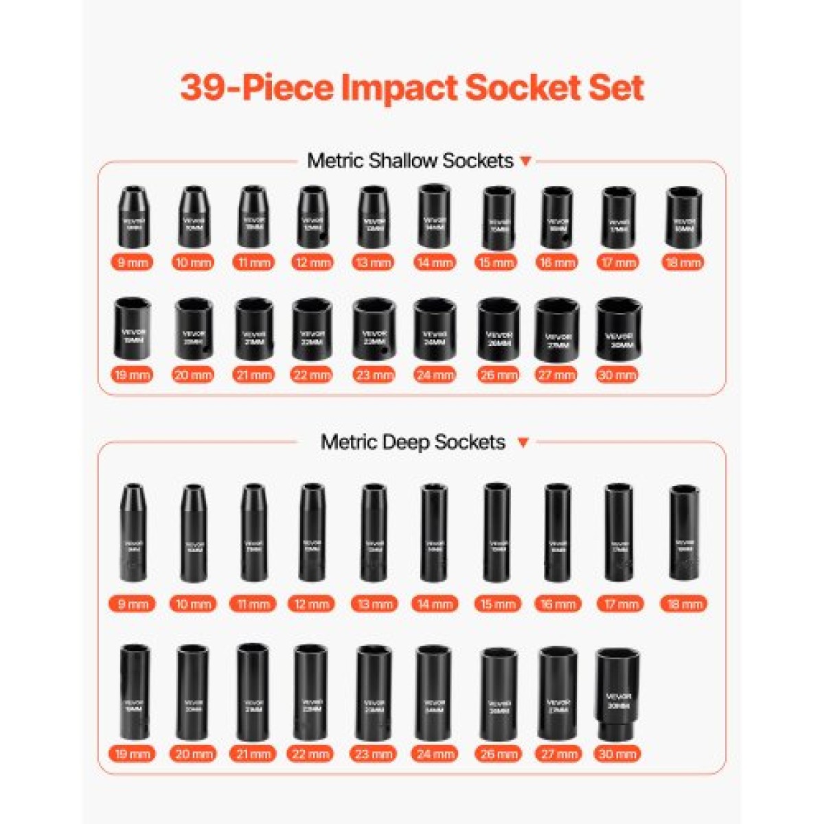 VEVOR 1/2 in Drive Impact Socket Set, 39 τεμαχίων, 6 Point Deep & Shallow Impact Sockets, Metric 9 έως 30 mm, Cr-V Steel Υψηλής αντοχής, με Universal Joint, Dual Size Marks, Heavy Duty Carry Case