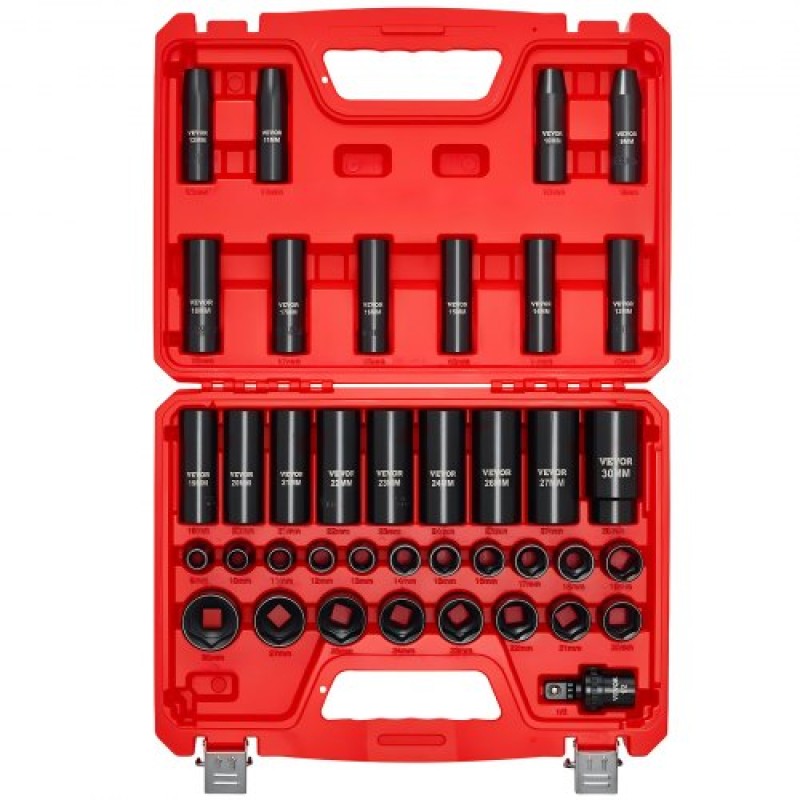 VEVOR 1/2 in Drive Impact Socket Set, 39 τεμαχίων, 6 Point Deep & Shallow Impact Sockets, Metric 9 έως 30 mm, Cr-V Steel Υψηλής αντοχής, με Universal Joint, Dual Size Marks, Heavy Duty Carry Case