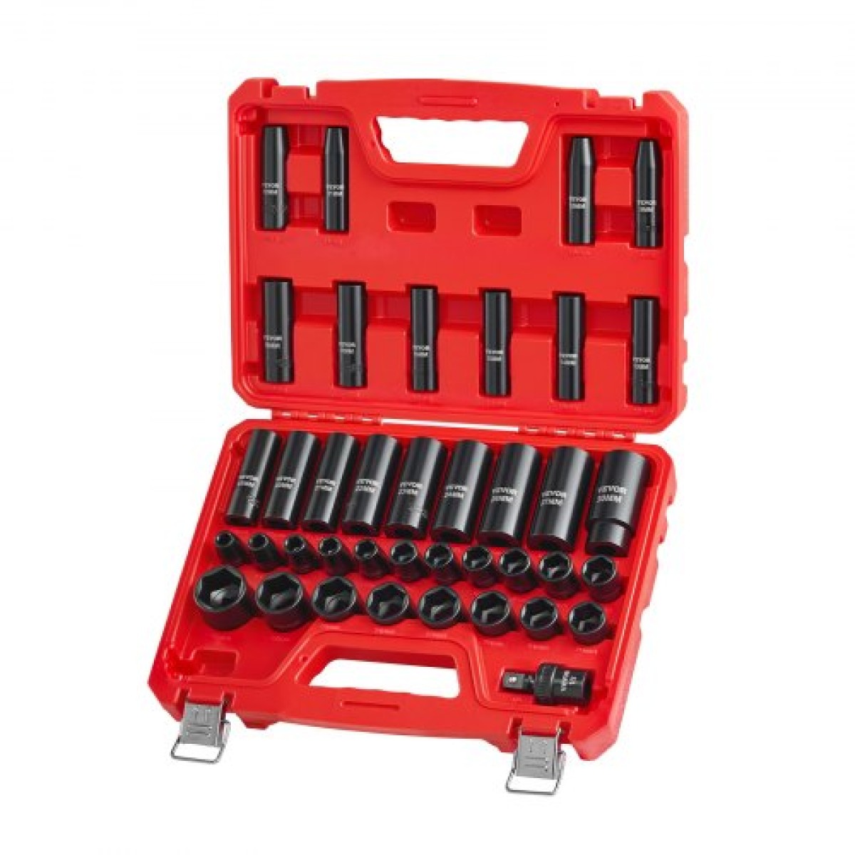 VEVOR 1/2 in Drive Impact Socket Set, 39 τεμαχίων, 6 Point Deep & Shallow Impact Sockets, Metric 9 έως 30 mm, Cr-V Steel Υψηλής αντοχής, με Universal Joint, Dual Size Marks, Heavy Duty Carry Case