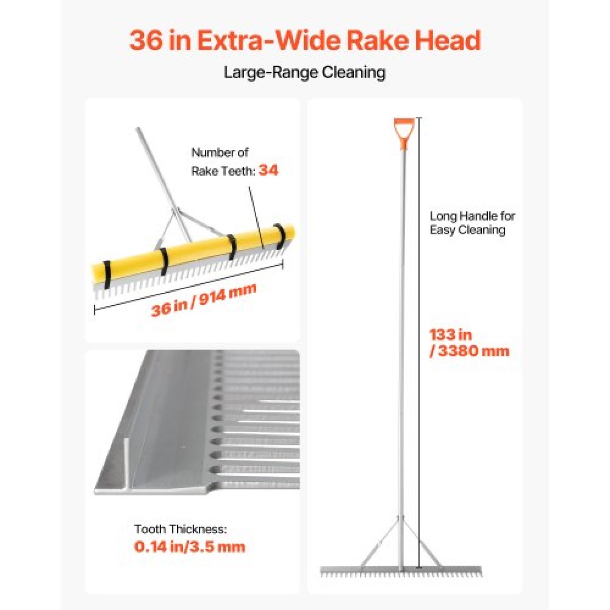 VEVOR Landscape Rake, Λαβή πλάτους 914 mm 2590 mm, Εργαλείο βαρέως τύπου αλουμινίου εξωραϊσμού φύλλων, Επίπεδο ασφάλτου για χαλάρωση εδάφους, κήπου και αυλής, χαλίκι λίμνης & περιποίηση γκαζόν παραλίας, σχοινί 15,8 m