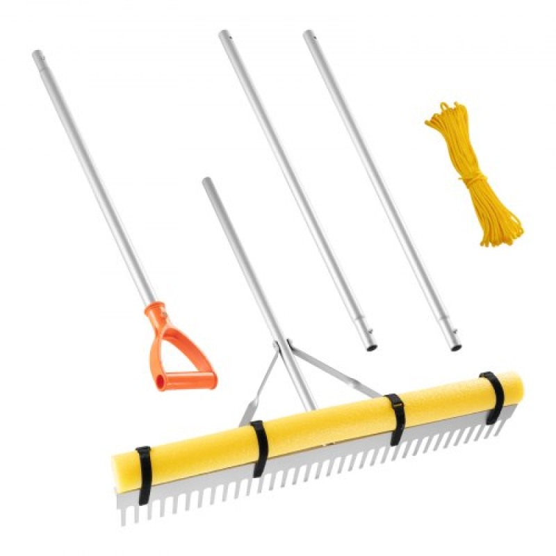 VEVOR Landscape Rake, Λαβή πλάτους 914 mm 2590 mm, Εργαλείο βαρέως τύπου αλουμινίου εξωραϊσμού φύλλων, Επίπεδο ασφάλτου για χαλάρωση εδάφους, κήπου και αυλής, χαλίκι λίμνης & περιποίηση γκαζόν παραλίας, σχοινί 15,8 m